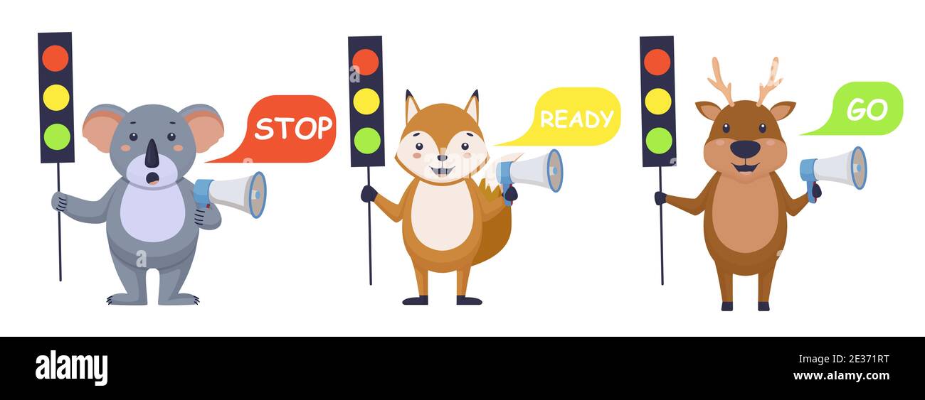 Traffic laws road rules posters. Koala red stop yellow fox get ready. Stock Vector