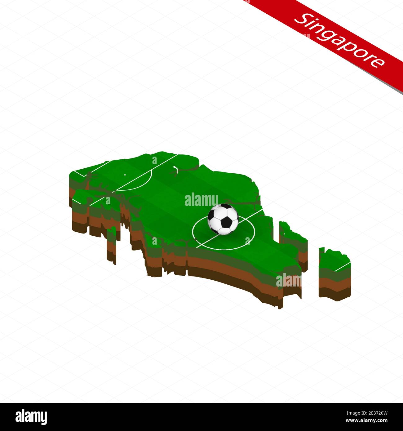 Isometric map of Singapore with soccer field. Football ball in center