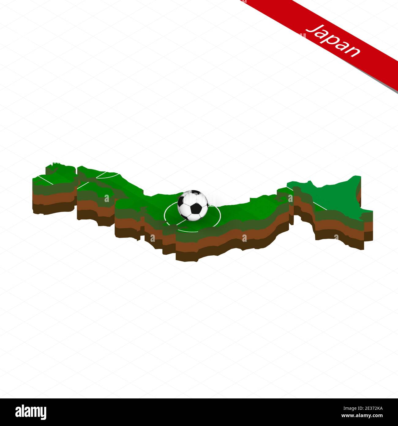 Isometric map of Japan with soccer field. Football ball in center of