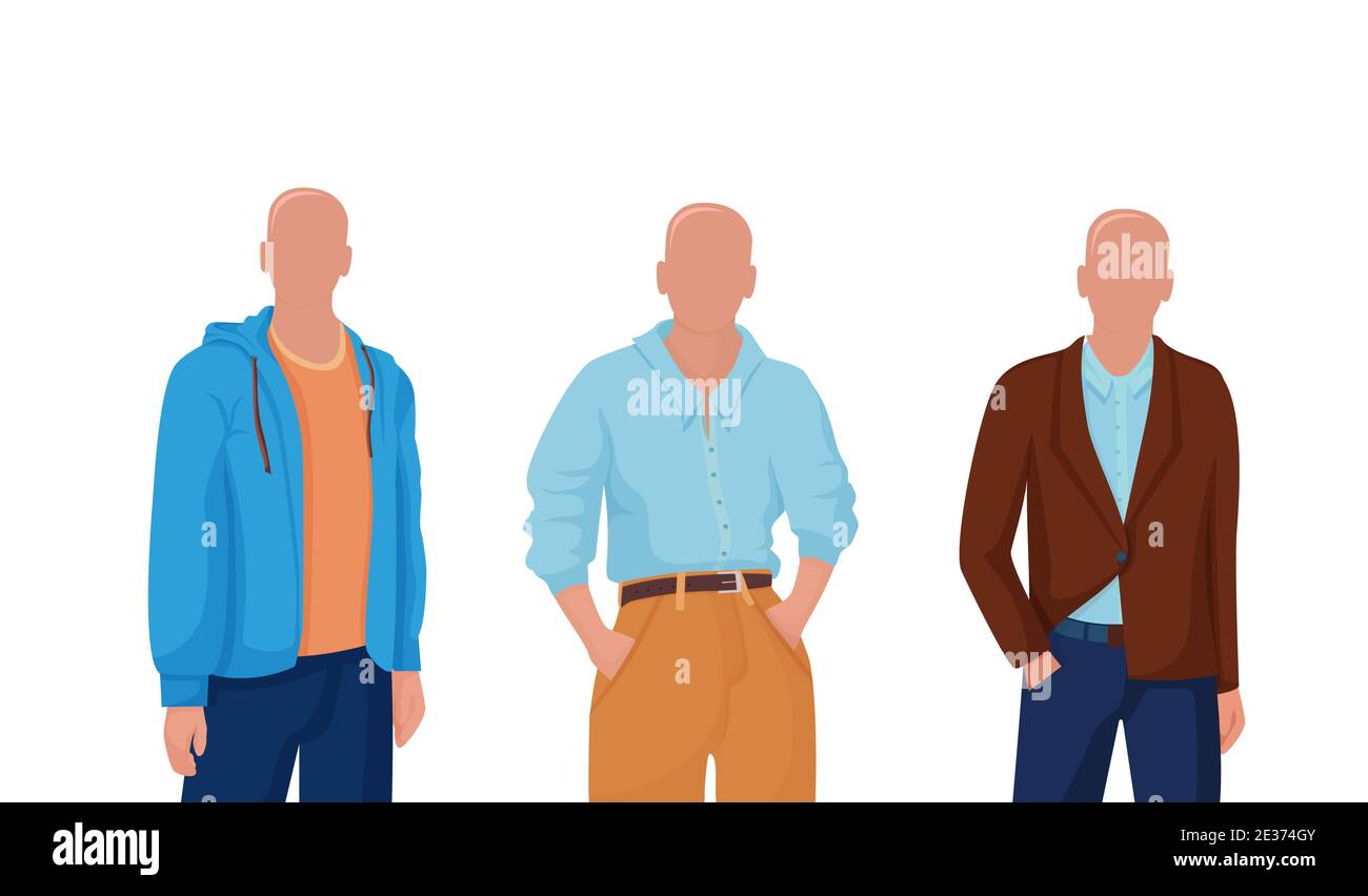 Mens clothing styles. Stylish modern fashion with jacket buttoned up one button and loose jacket sweatshirt. Stock Vector