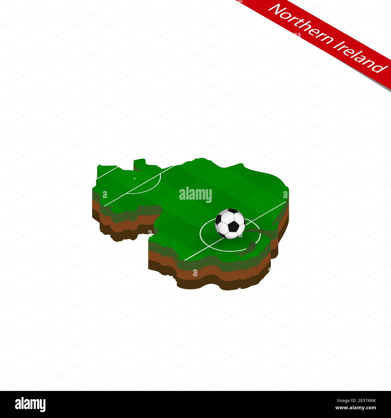Isometric map of Northern Ireland with soccer field. Football ball in center of football pitch. Vector soccer illustration. Stock Vector