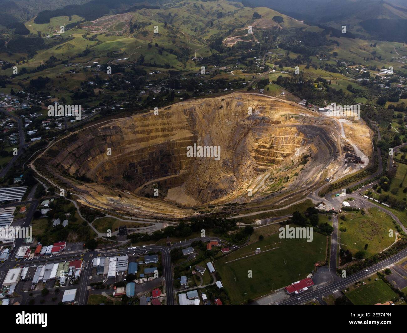 Aerial panorama view of Amertha gold mine in Waihi town city Waikato Bay of Plenty Coromandel North Island of New Zealand Stock Photo