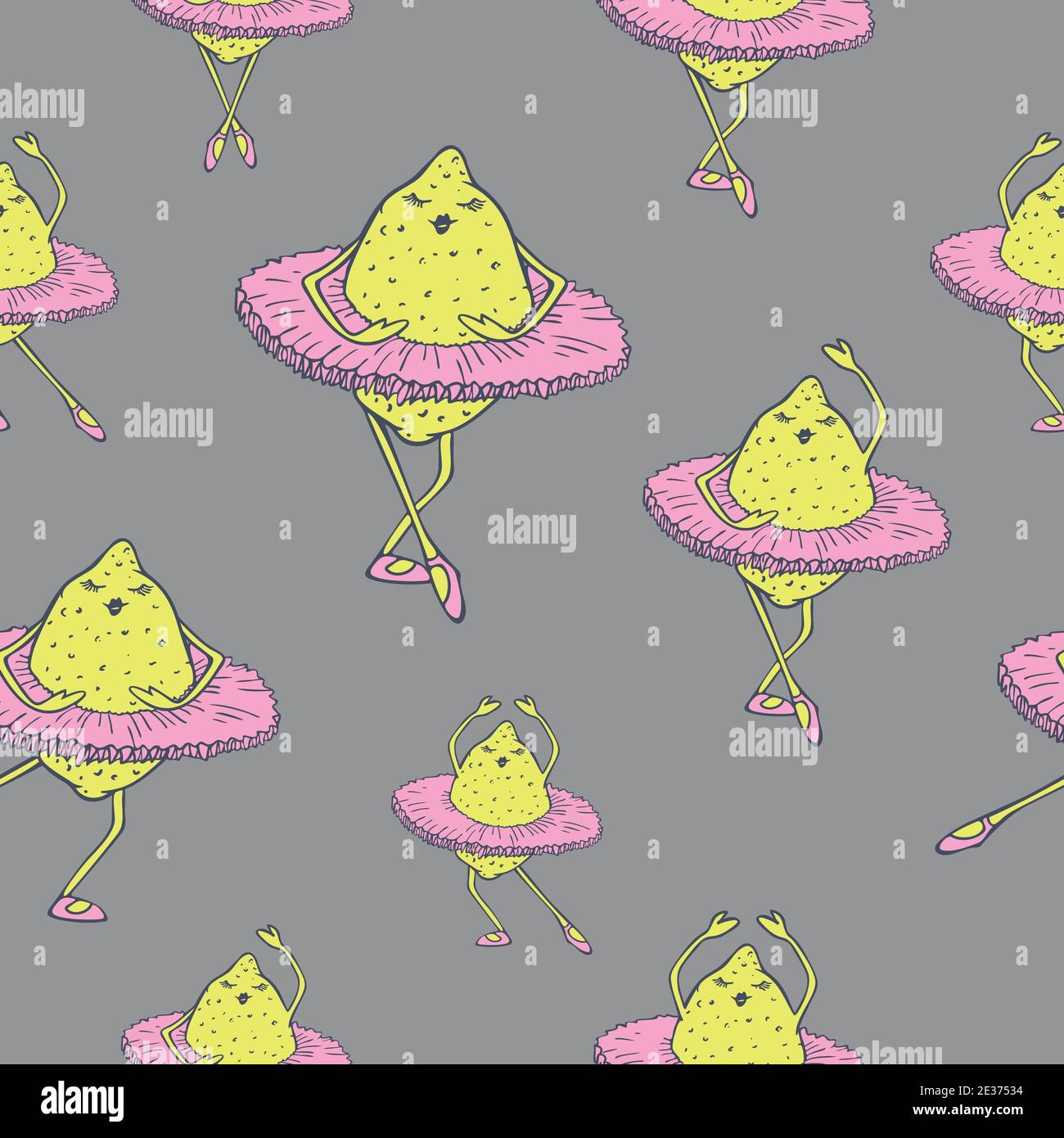 Vector seamless pattern of lemons dancing in ballet tutu. Dancing fruits design. Stock Vector