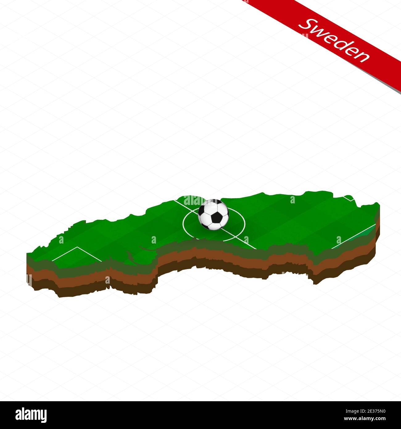 Isometric map of Sweden with soccer field. Football ball in center of football pitch. Vector soccer illustration. Stock Vector