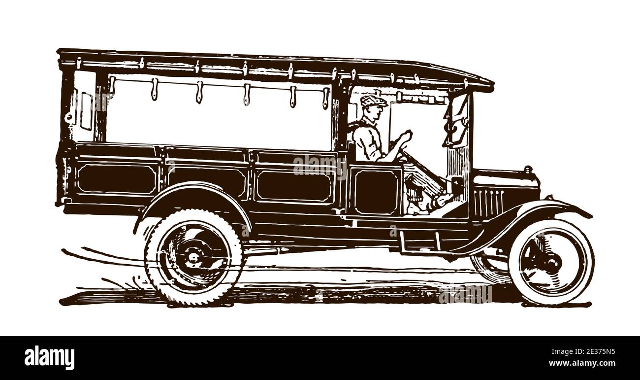 Man from the early 20th century driving a vintage delivery truck, in side view Stock Vector