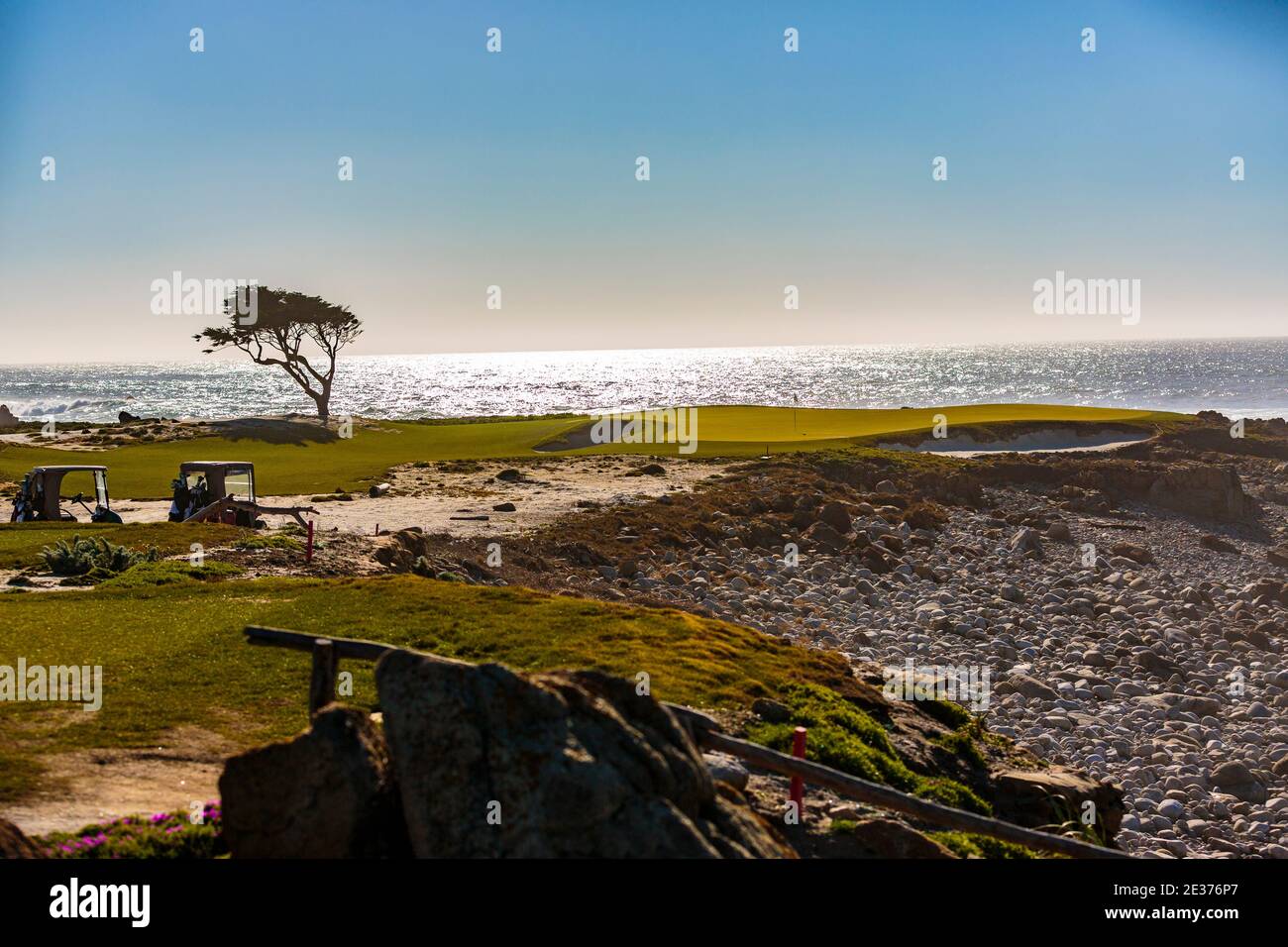 Point Joe,  Del Monte Forest, California, February 17, 2018: Golf course views of seaside links of the Monterey Peninsula Country Club, located on the Stock Photo