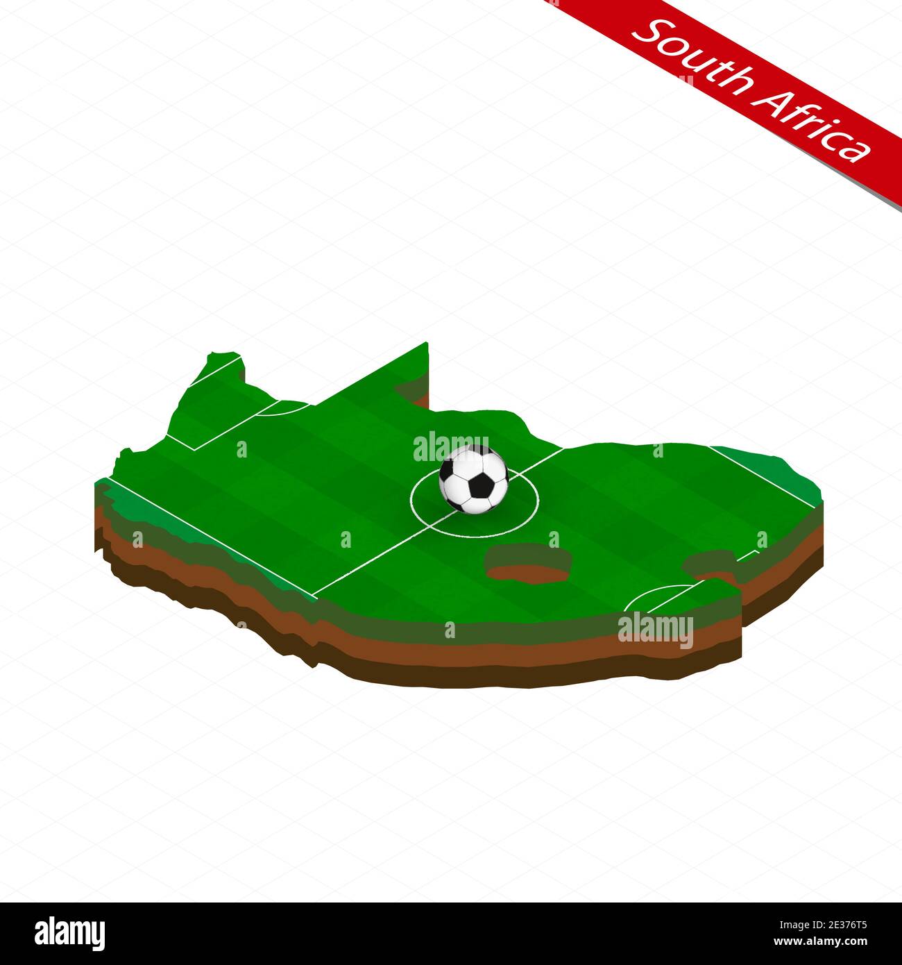 Isometric map of South Africa with soccer field. Football ball in center of football pitch