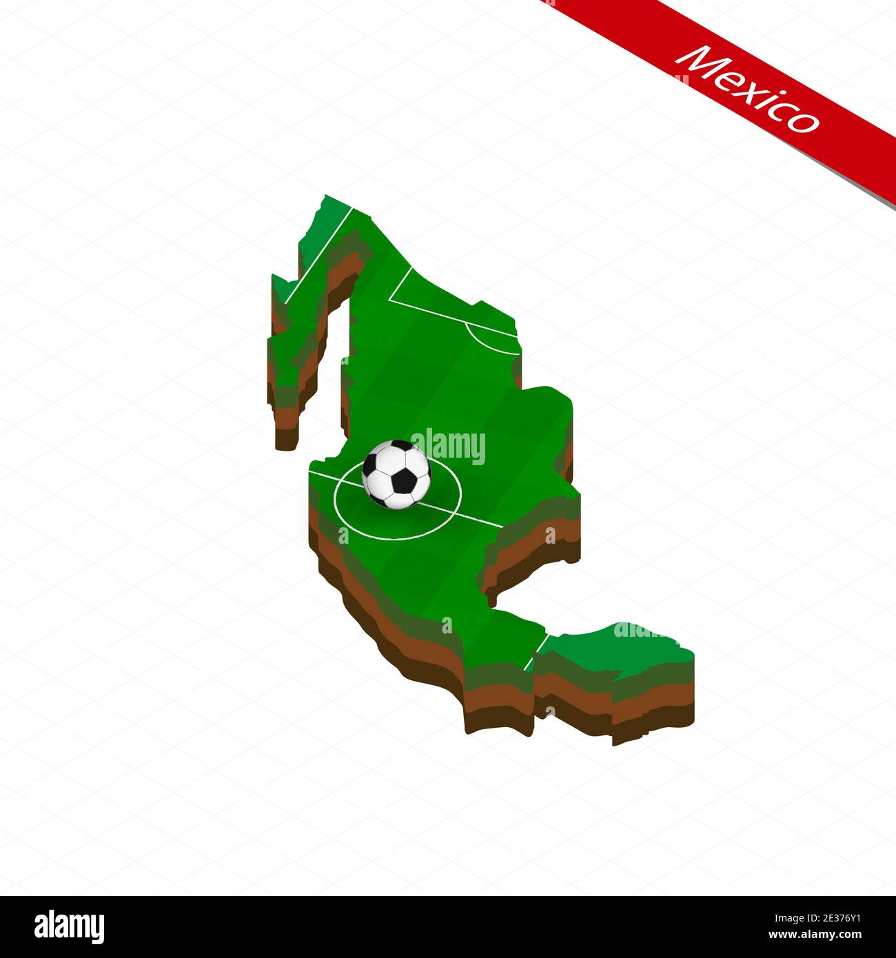 Isometric map of Mexico with soccer field. Football ball in center of