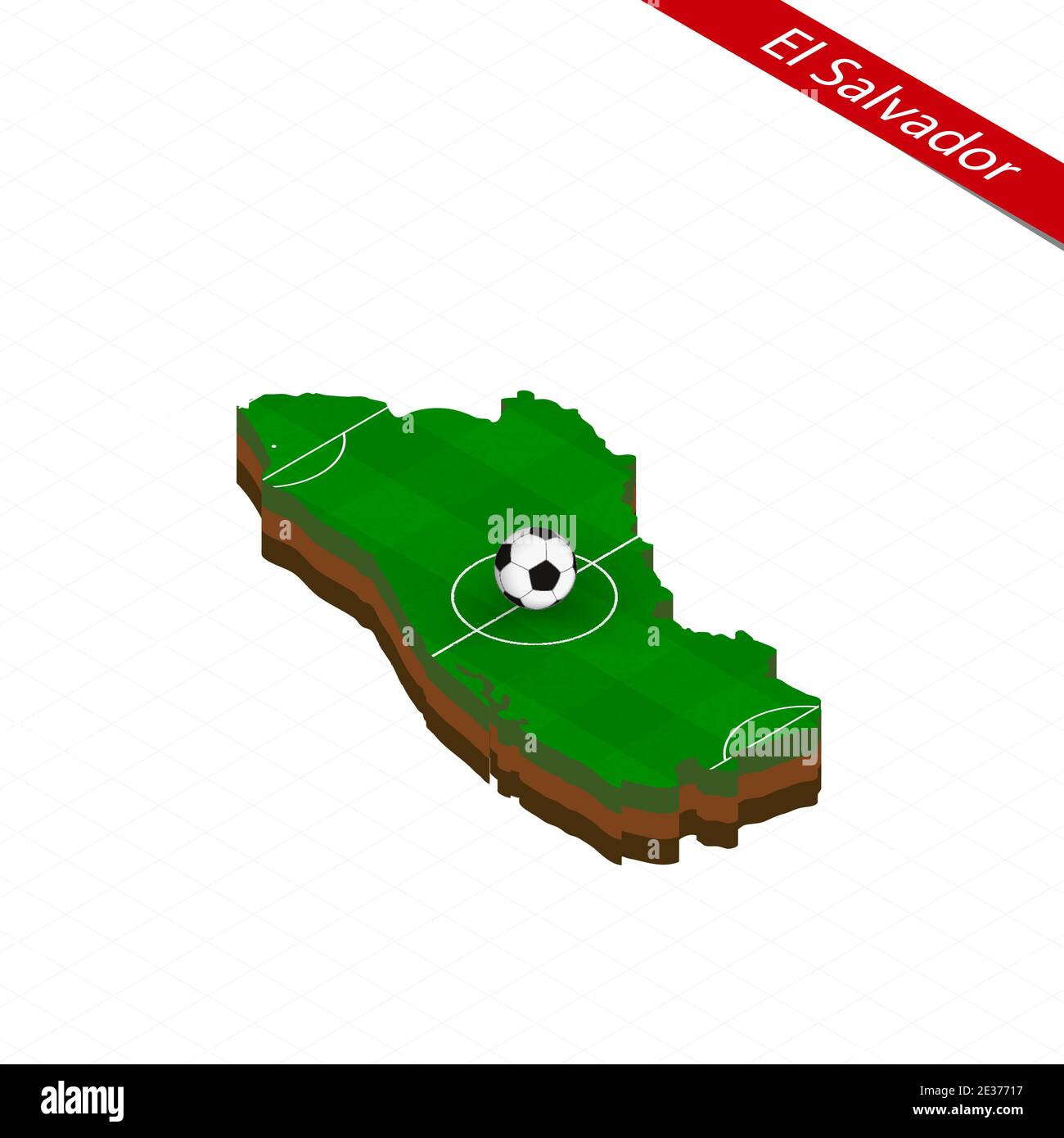 Isometric map of El Salvador with soccer field. Football ball in center of football pitch