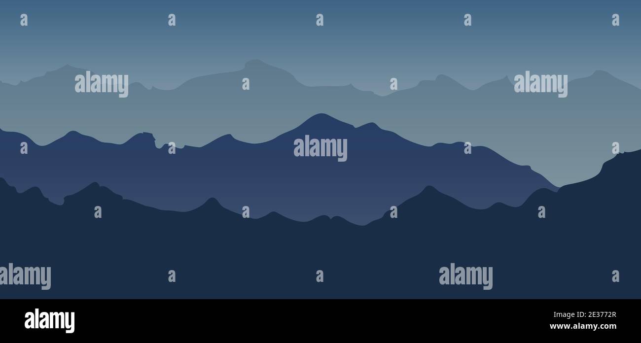 Mountain landscape view blue tone silhouette background. Vector