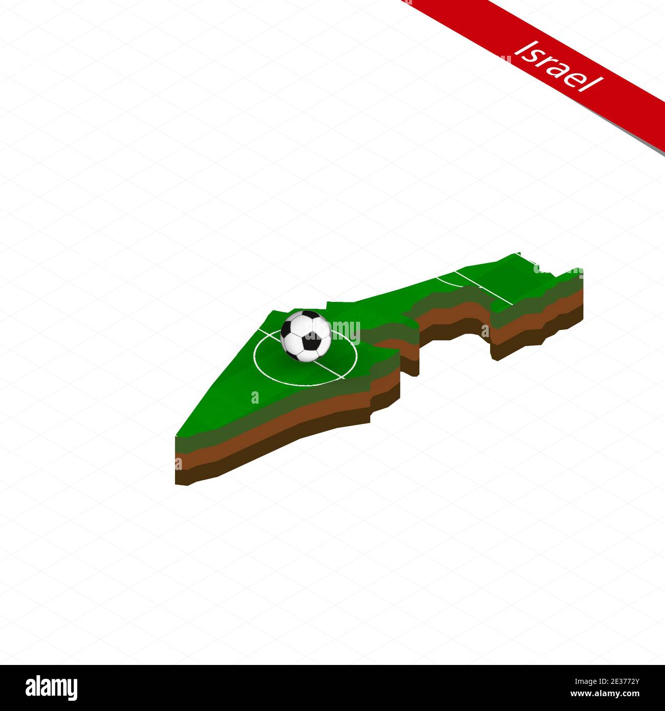 Isometric map of Israel with soccer field. Football ball in center of football pitch. Vector