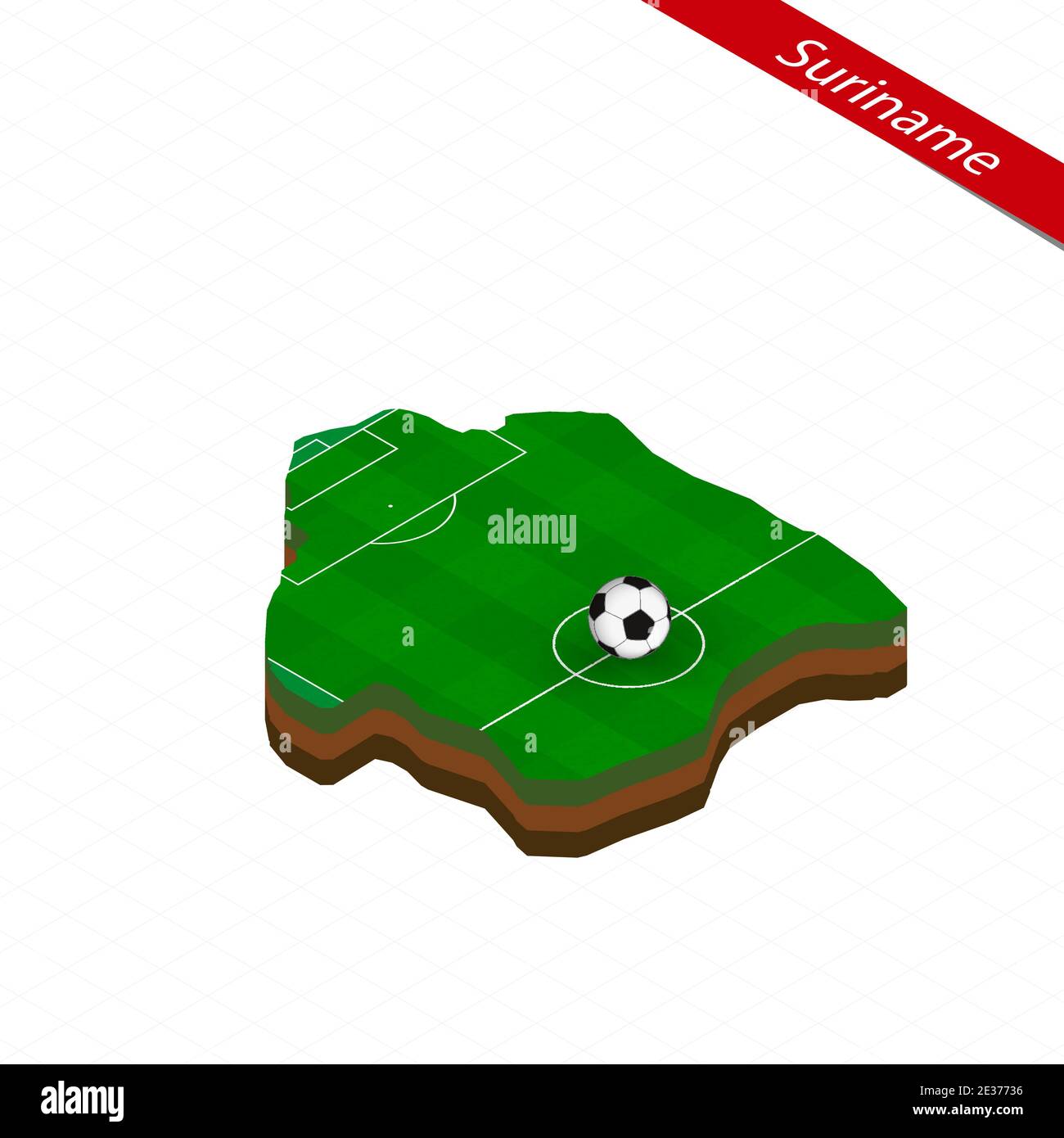 Isometric map of Suriname with soccer field. Football ball in center of ...