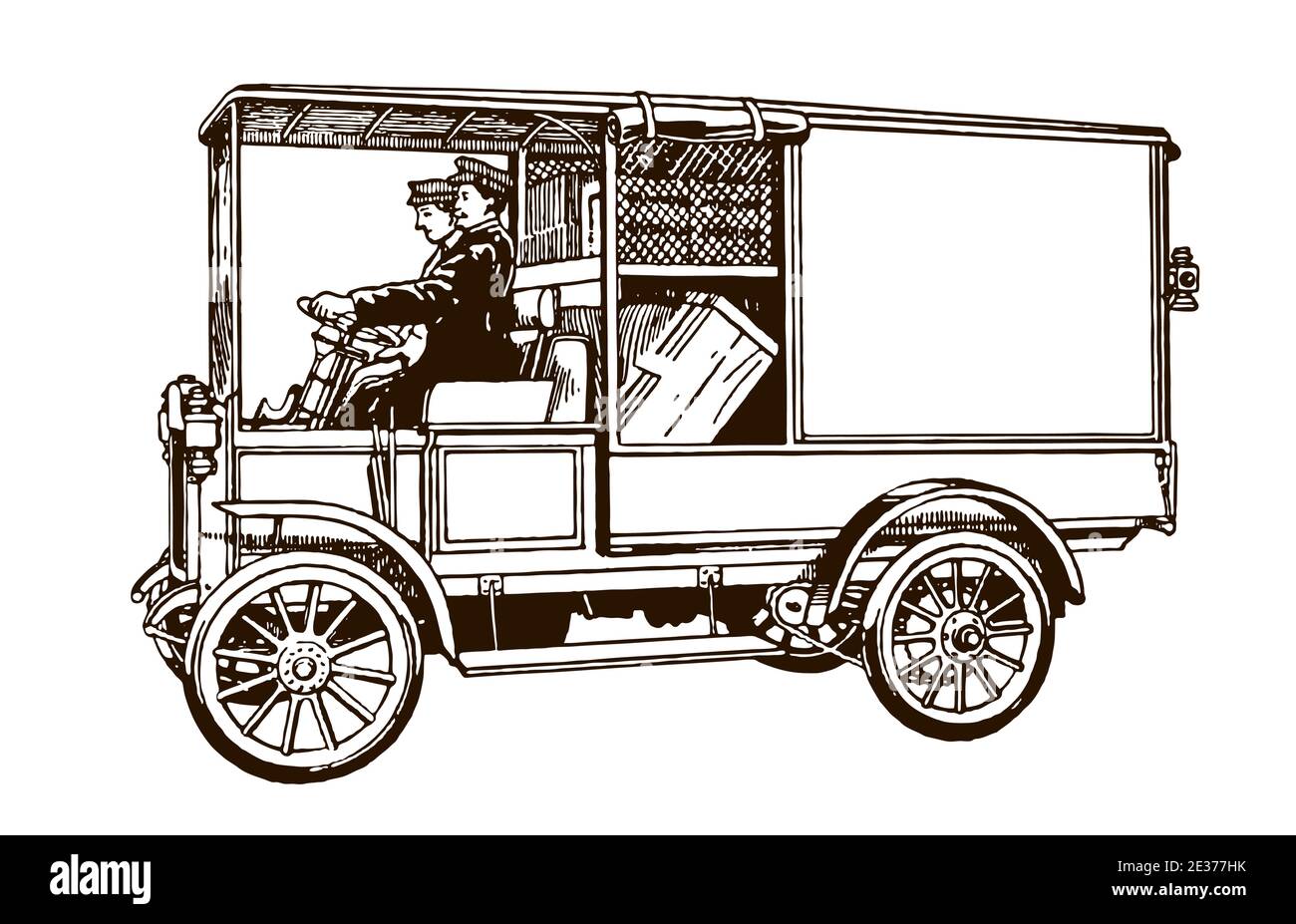 Two couriers from the early 20th century driving an antique delivery van, in side view Stock Vector