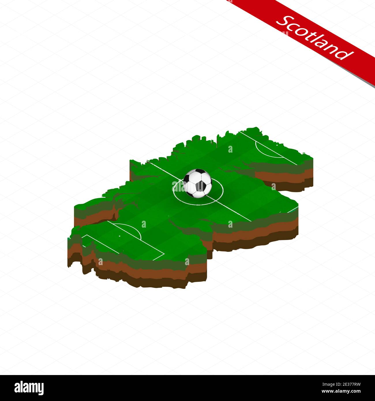 Isometric map of Scotland with soccer field. Football ball in center of ...