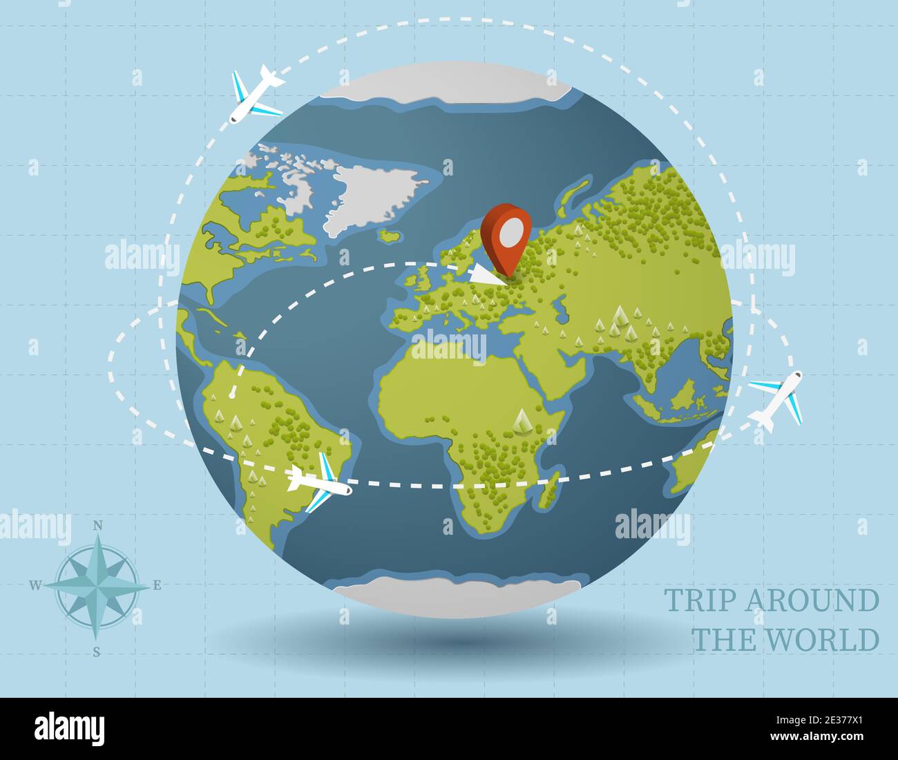 Planet earth with air routes. International travel of airline aircraft across continents to destinations. Stock Vector