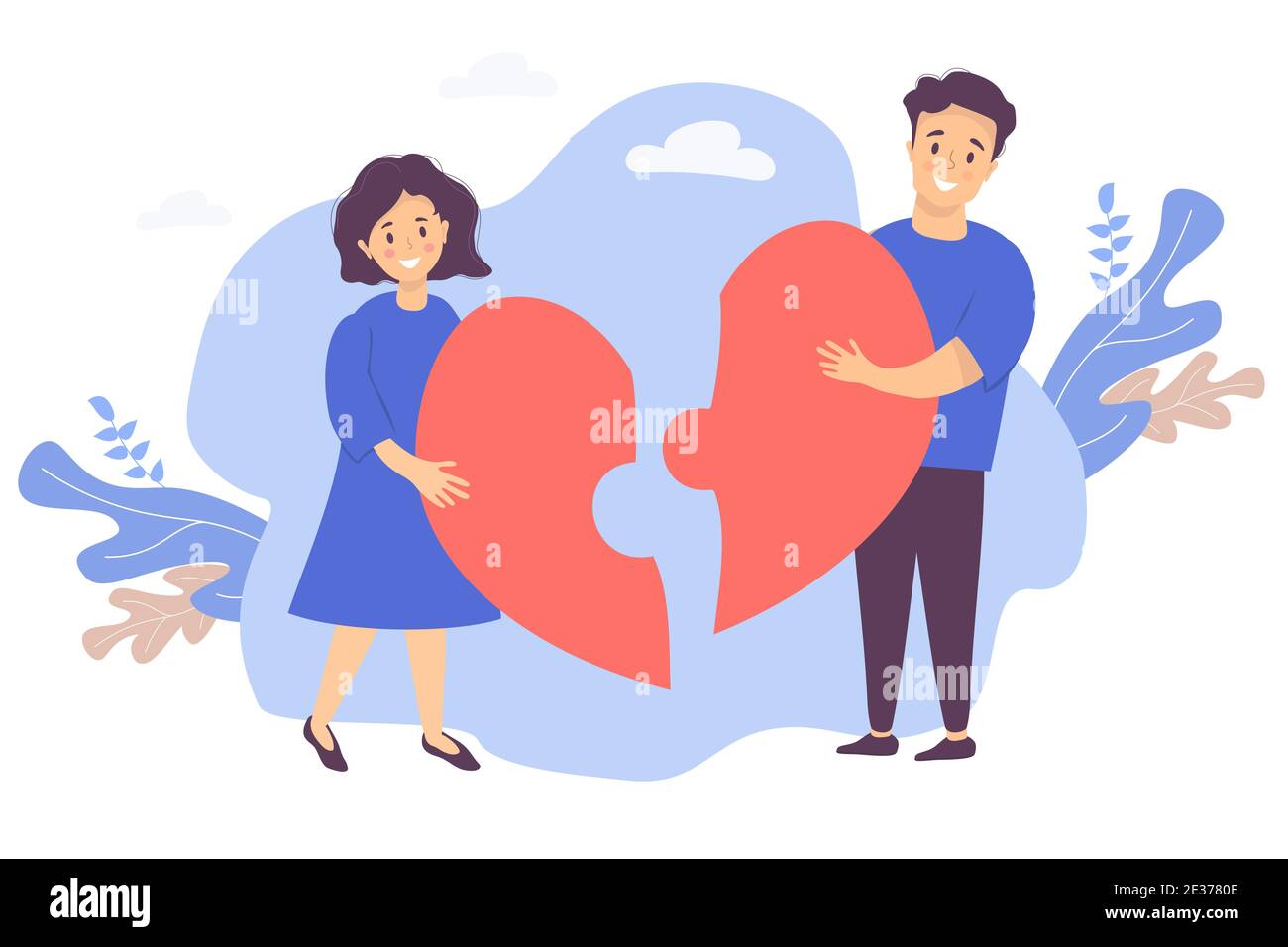 Couple puts together a puzzle of halves of the heart. A man and a woman reunite by joining two pieces into one big red heart. Vector illustration. The Stock Vector