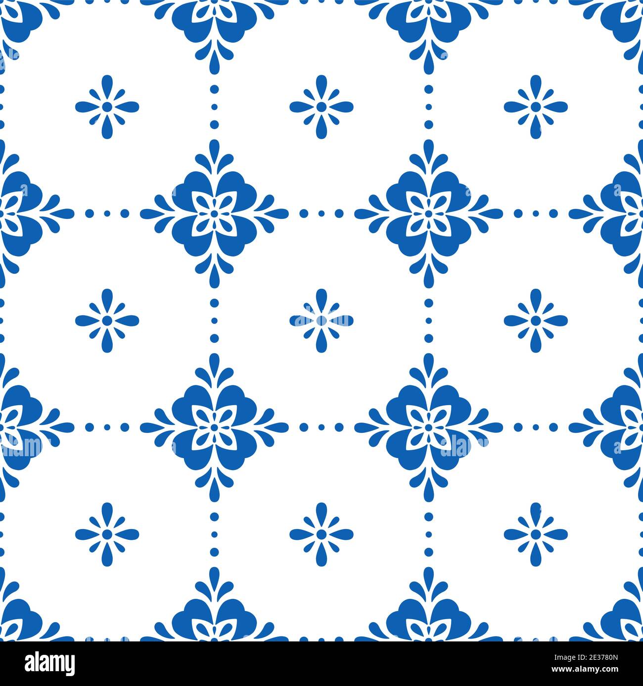 White and blue ceramic tile seamless pattern. Simple geometric floral ornament. Vector illustration. Stock Vector