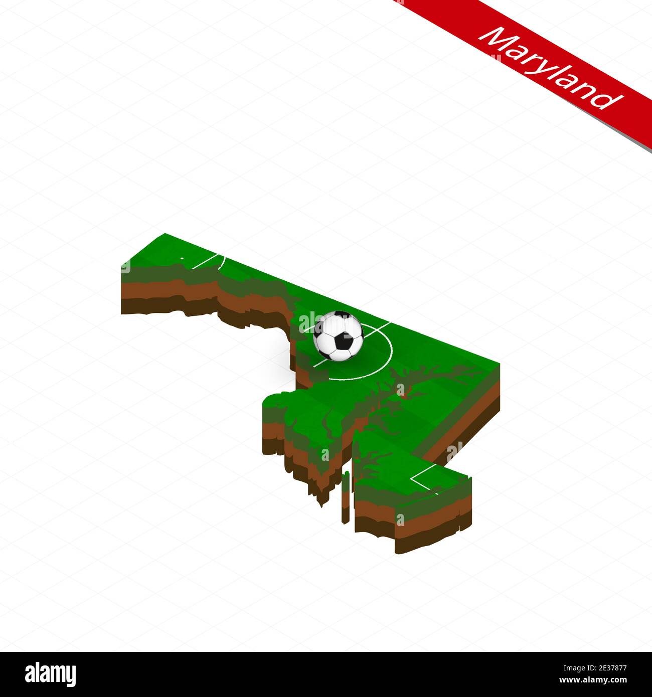 Isometric map of US state Maryland with soccer field. Football ball in
