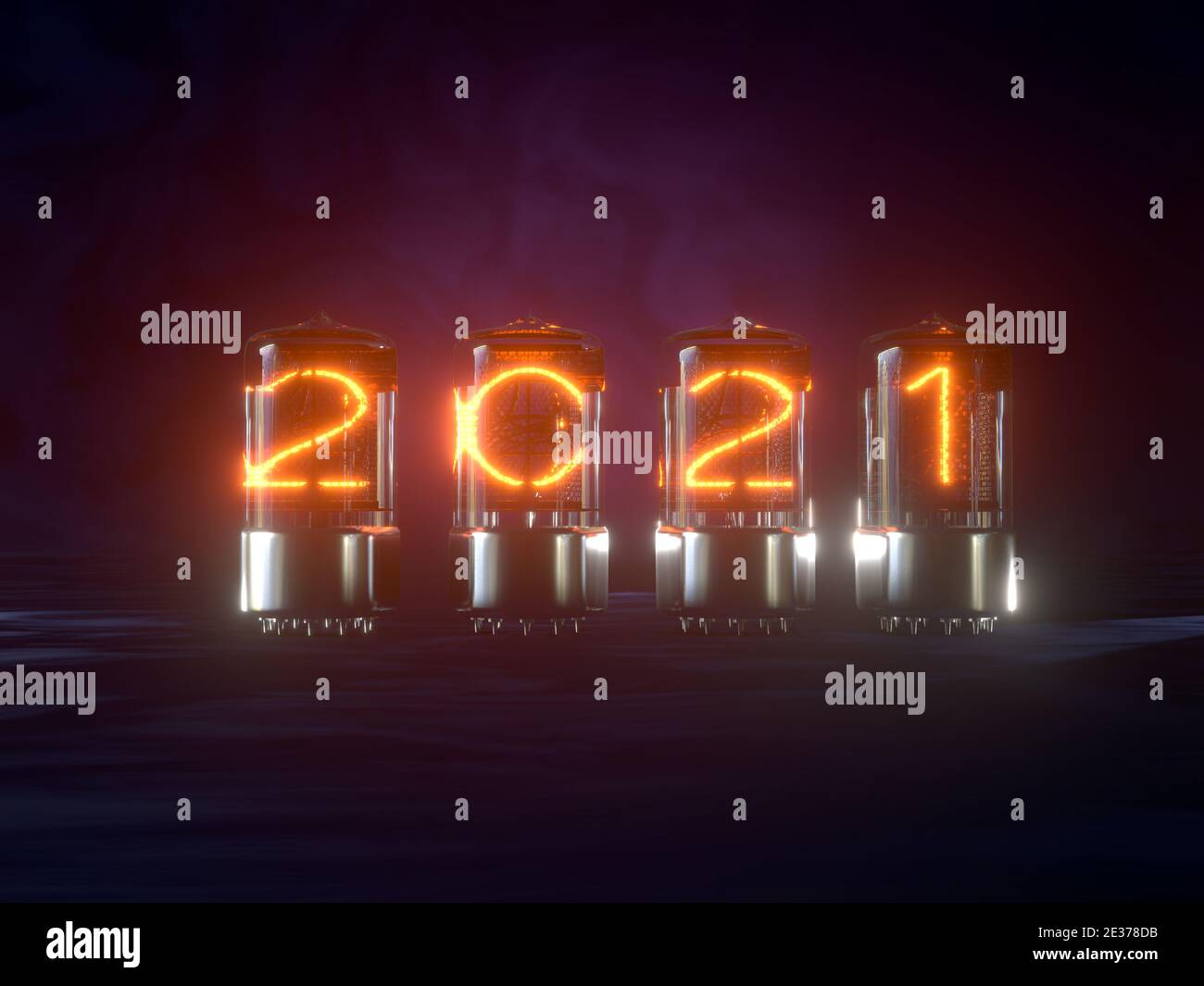 3D rendering of Cold cathode tubes showing 2021 New Year Date on dark background Stock Photo
