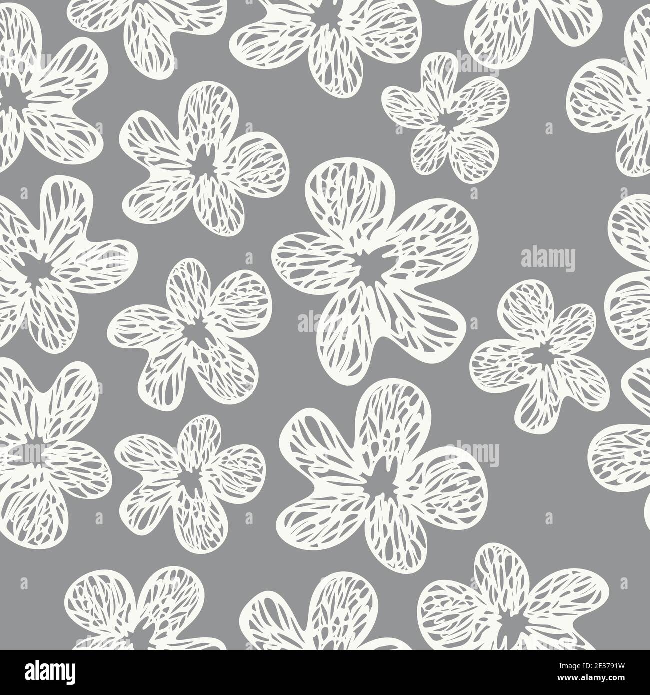 Vector seamless pattern of abstract blooming flowers. Botanical design with flowers in ultimate gray and white colors. Stock Vector