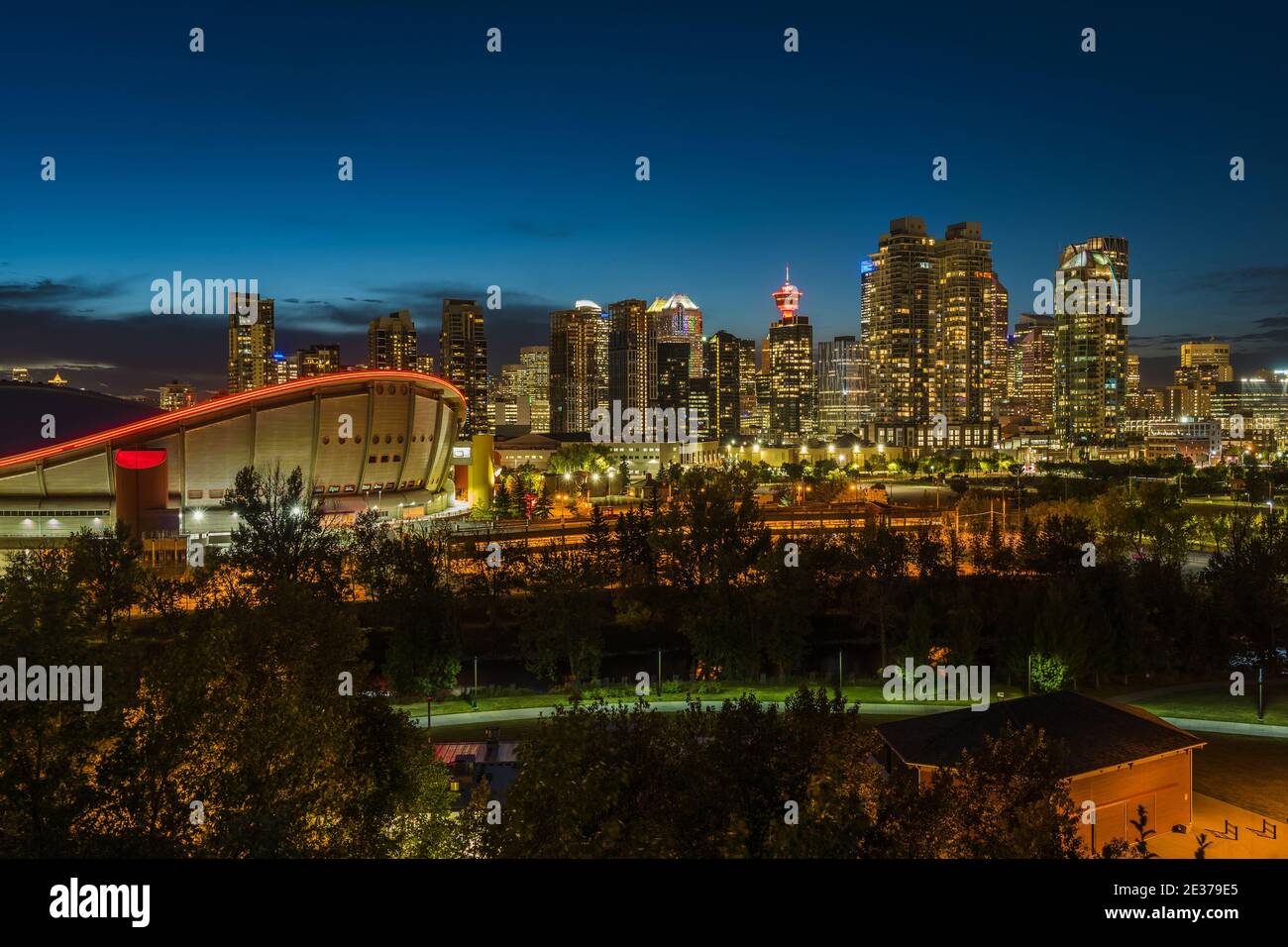 Calgary, Alberta, Canada, panoramic view of Downtown Calgary showing high rise buildings in the financial district at night. Stock Photo