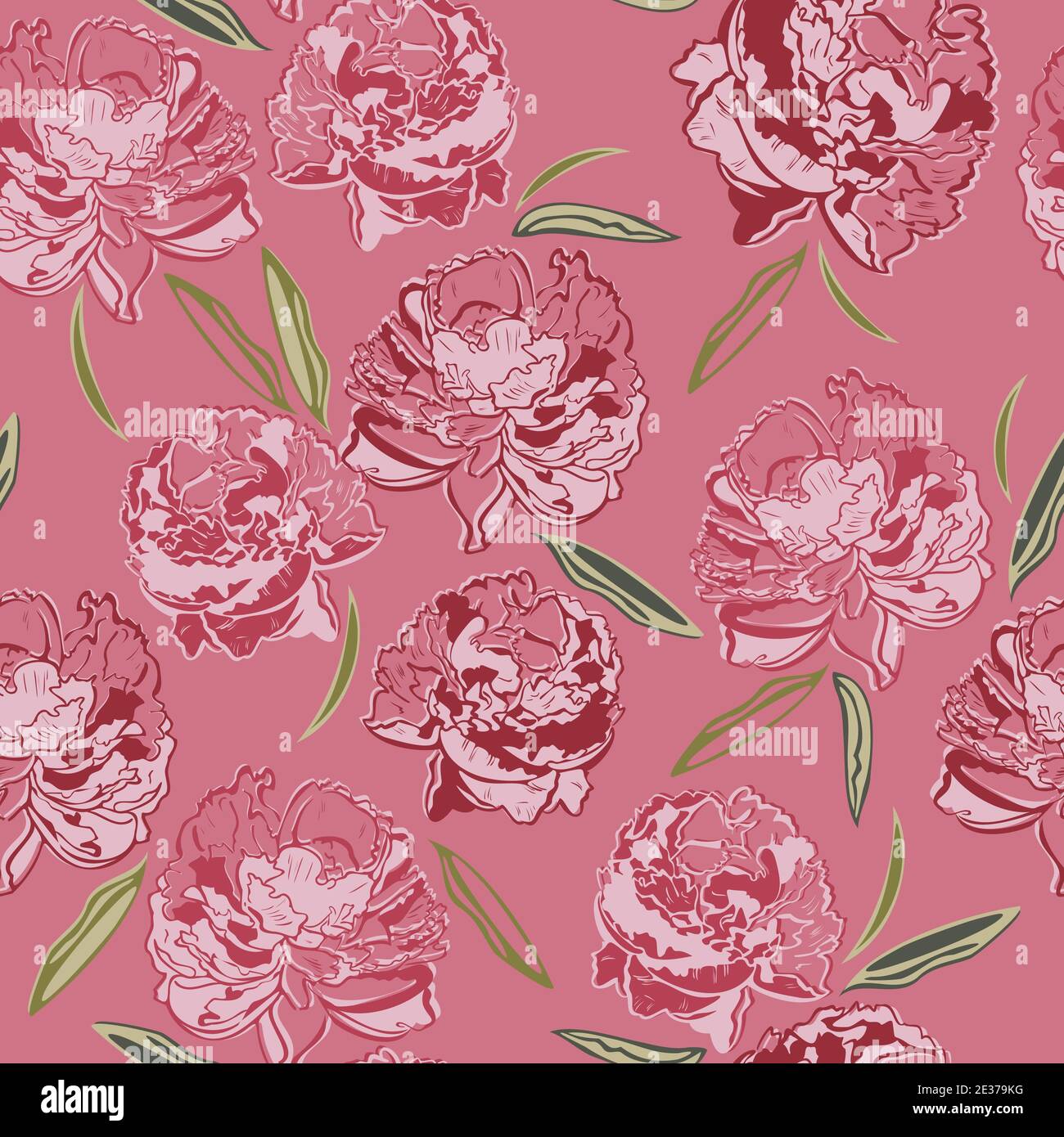 Vector seamless pattern of blooming peony flowers on a pink background ...
