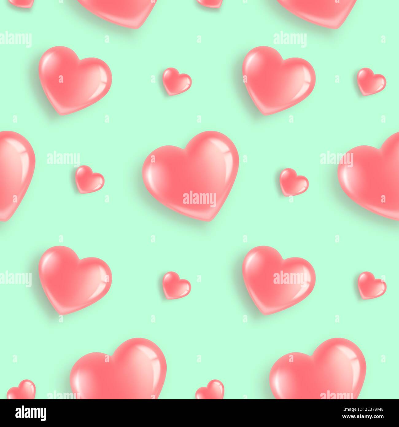 Seamless pattern with pink heart-shaped balloons. For Valentine s Day, Women s Day, Birthday. 3D realistic illustration. On a green background. Vector Stock Vector