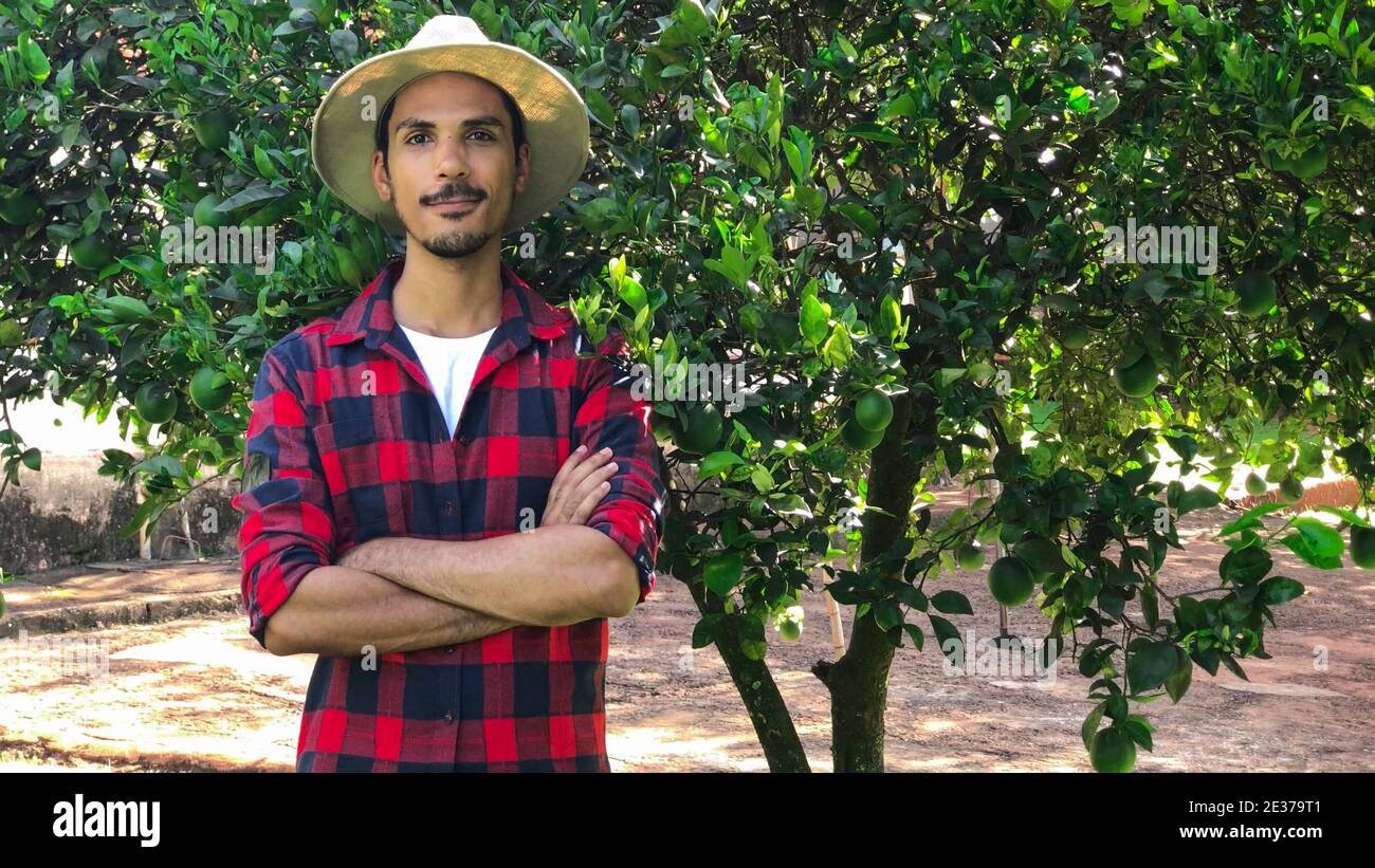 Farmer or worker with hat looking for camera in front of orange tree. Organic Plantation Concept Image. Stock Photo