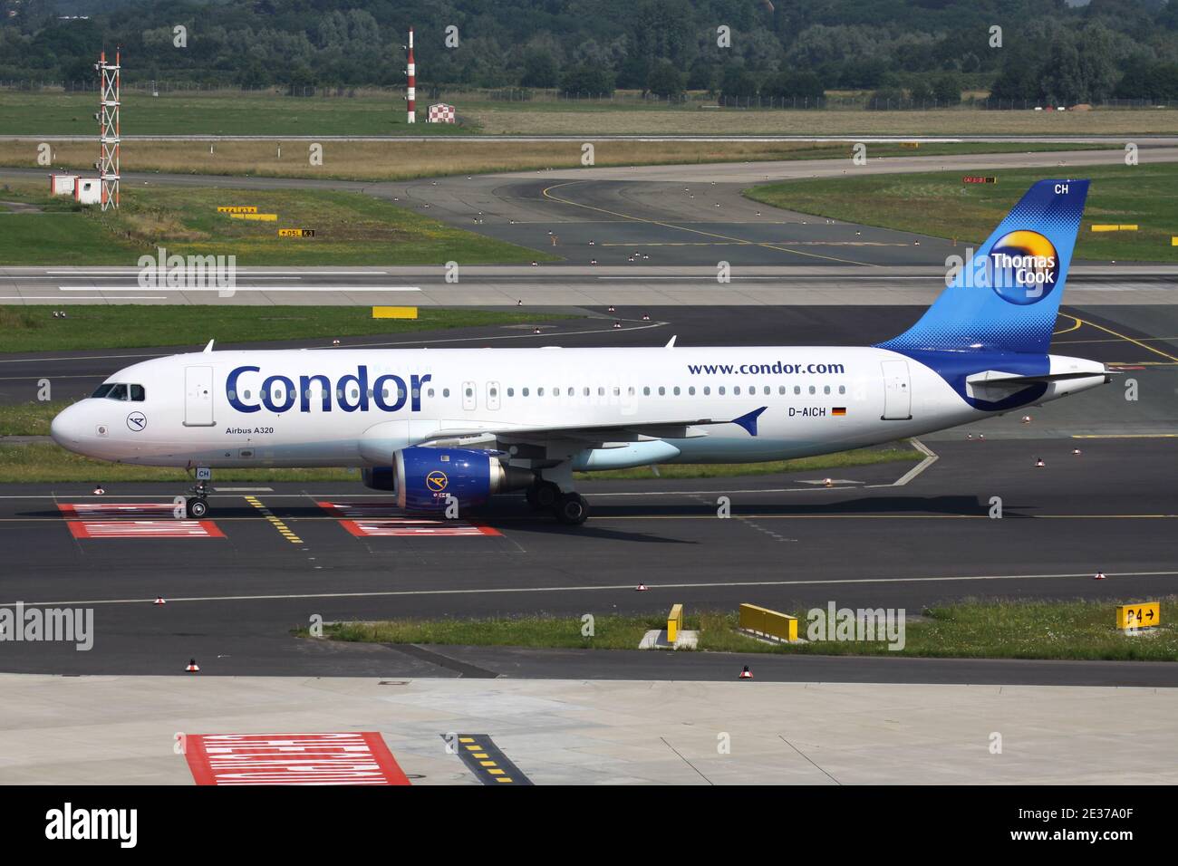 German Condor Berlin Airbus A320-200 with registration D-AICH on taxiway at Dusseldorf Airport. Stock Photo