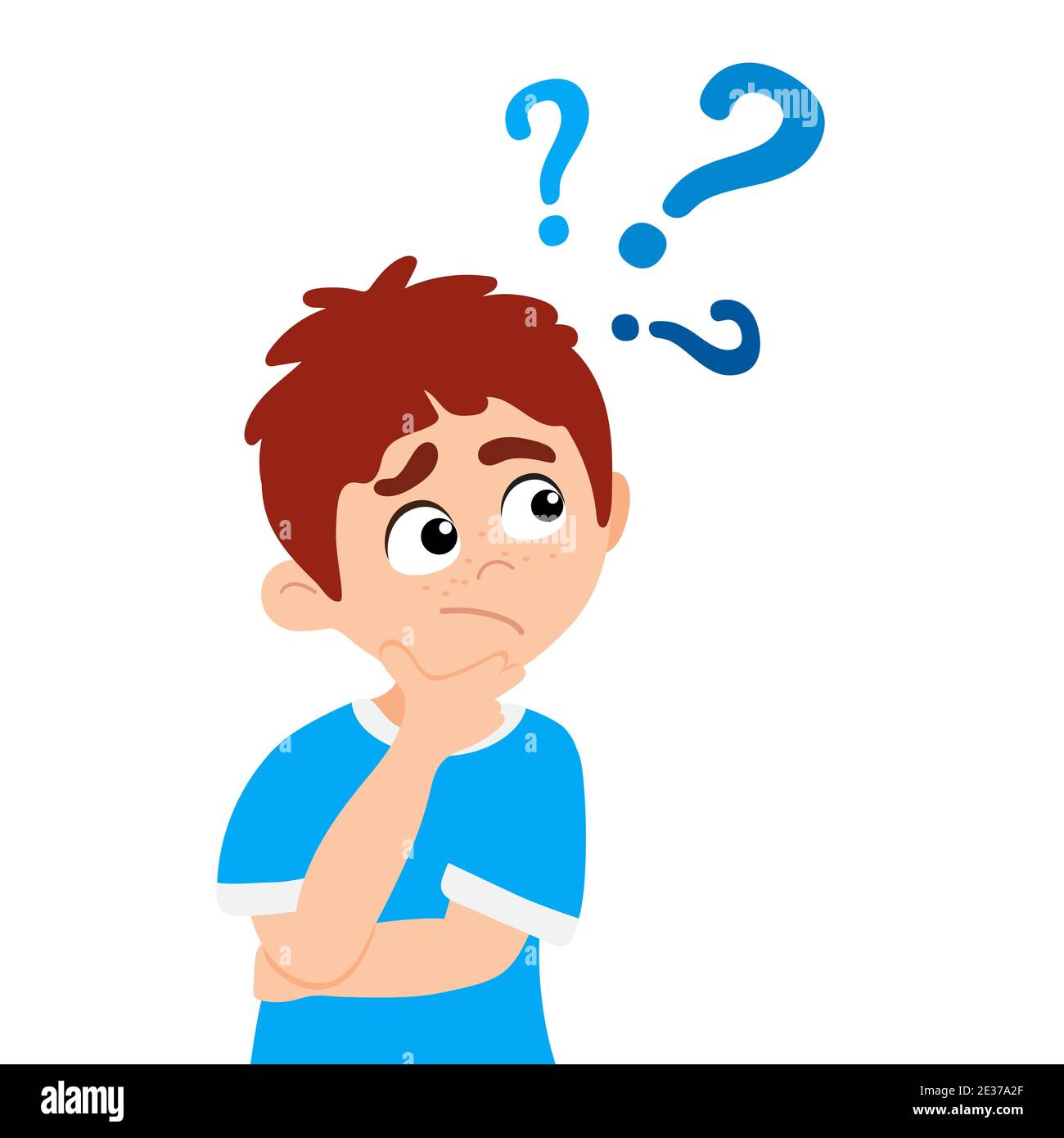 Little boy kid asking question flat style design vector illustration isolated on white background. Cute boy thinking about something and question mark Stock Vector