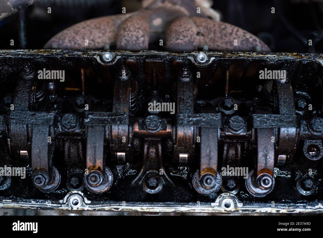 Dirty Valves and engine camshaft Stock Photo Alamy
