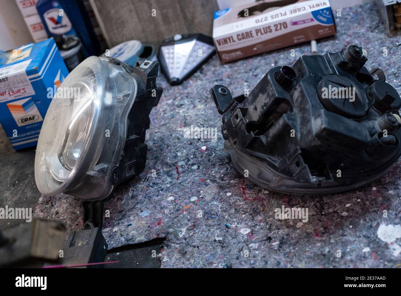 Car lights used spare parts 2 Stock Photo Alamy