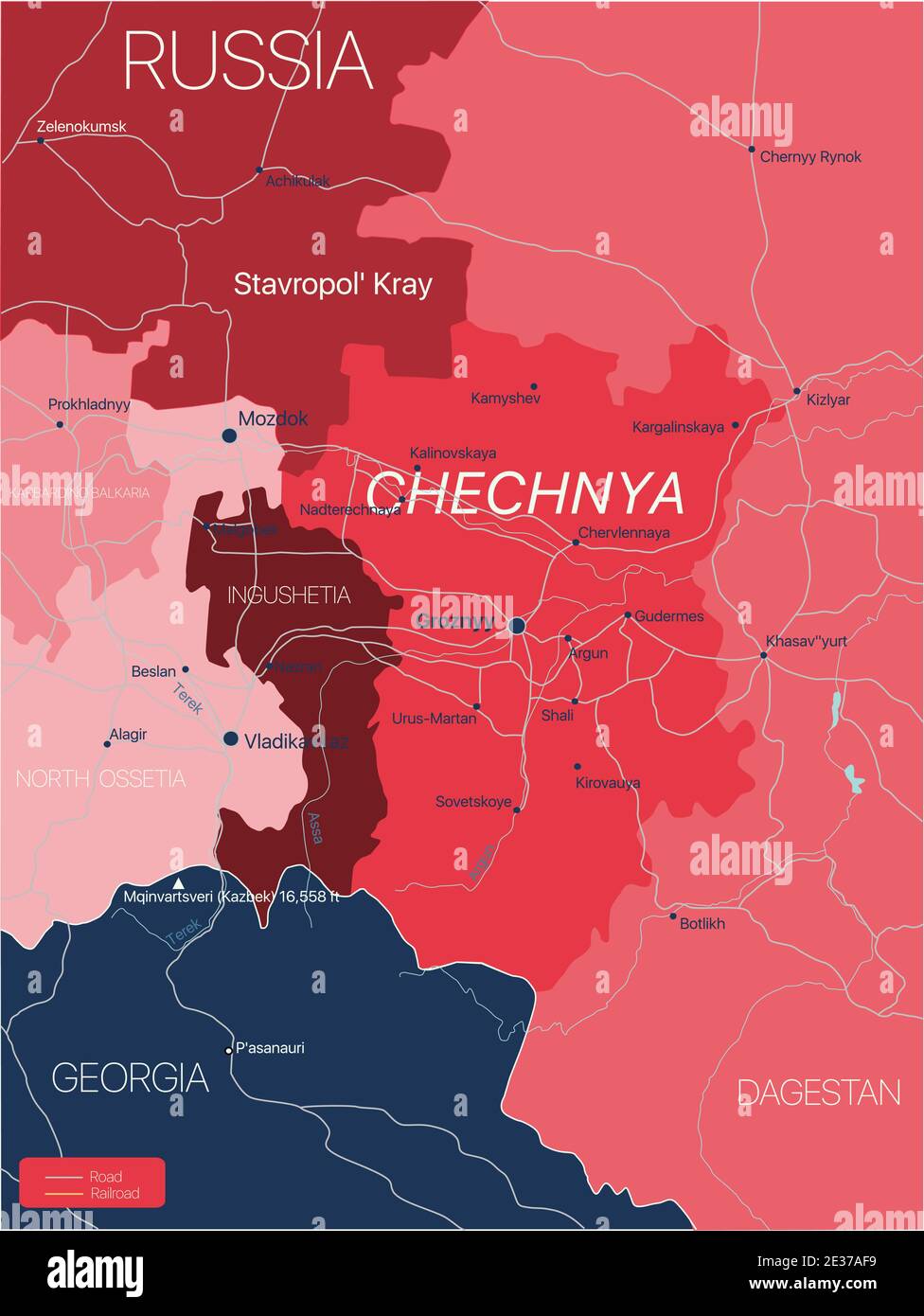 Chechnya region of Russia detailed editable map with regions cities and towns, roads and railways, geographic sites. Vector EPS-10 file Stock Vector