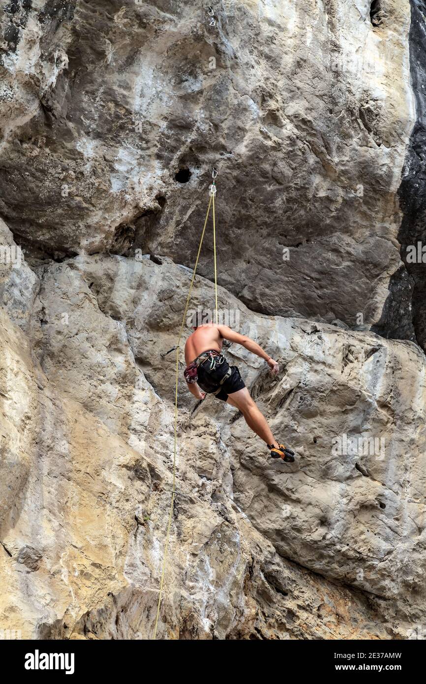 Top rope climbing rocks or top roping, anchor system at the top of the ...