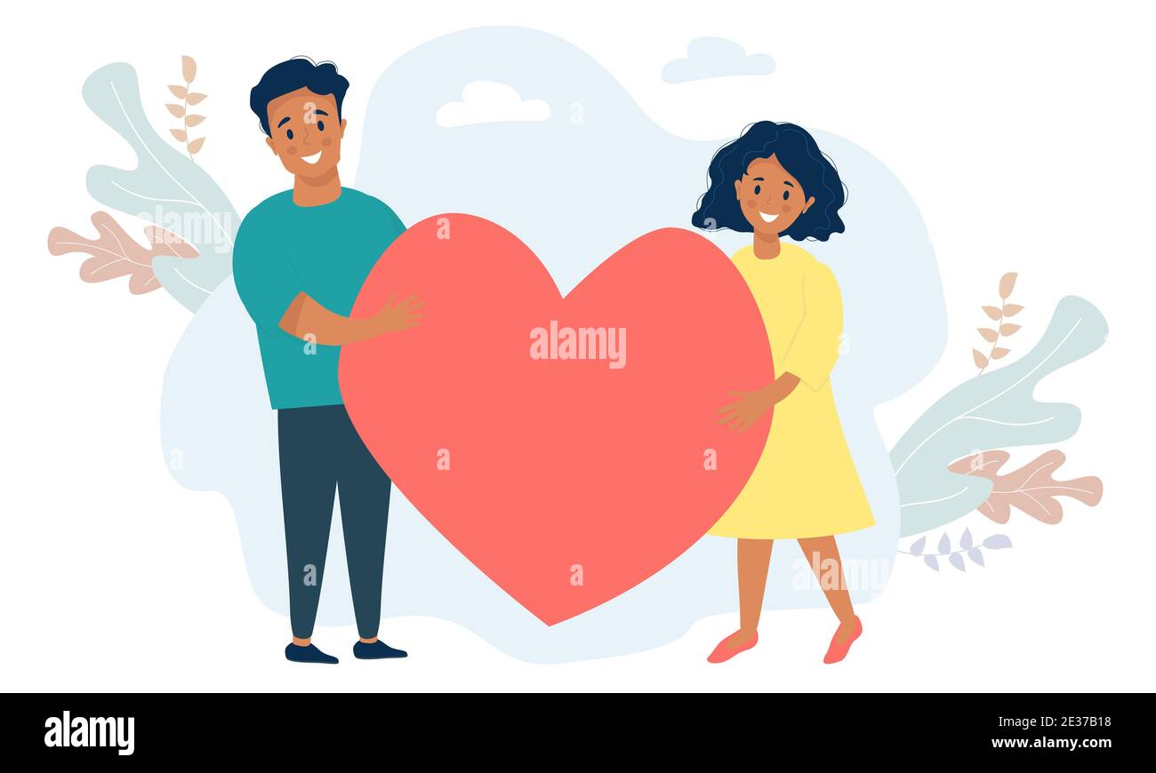 Black couple holding a heart. Happy man and woman of ethnicity holding a large red heart on the background of the decor. Vector illustration for love, Stock Vector