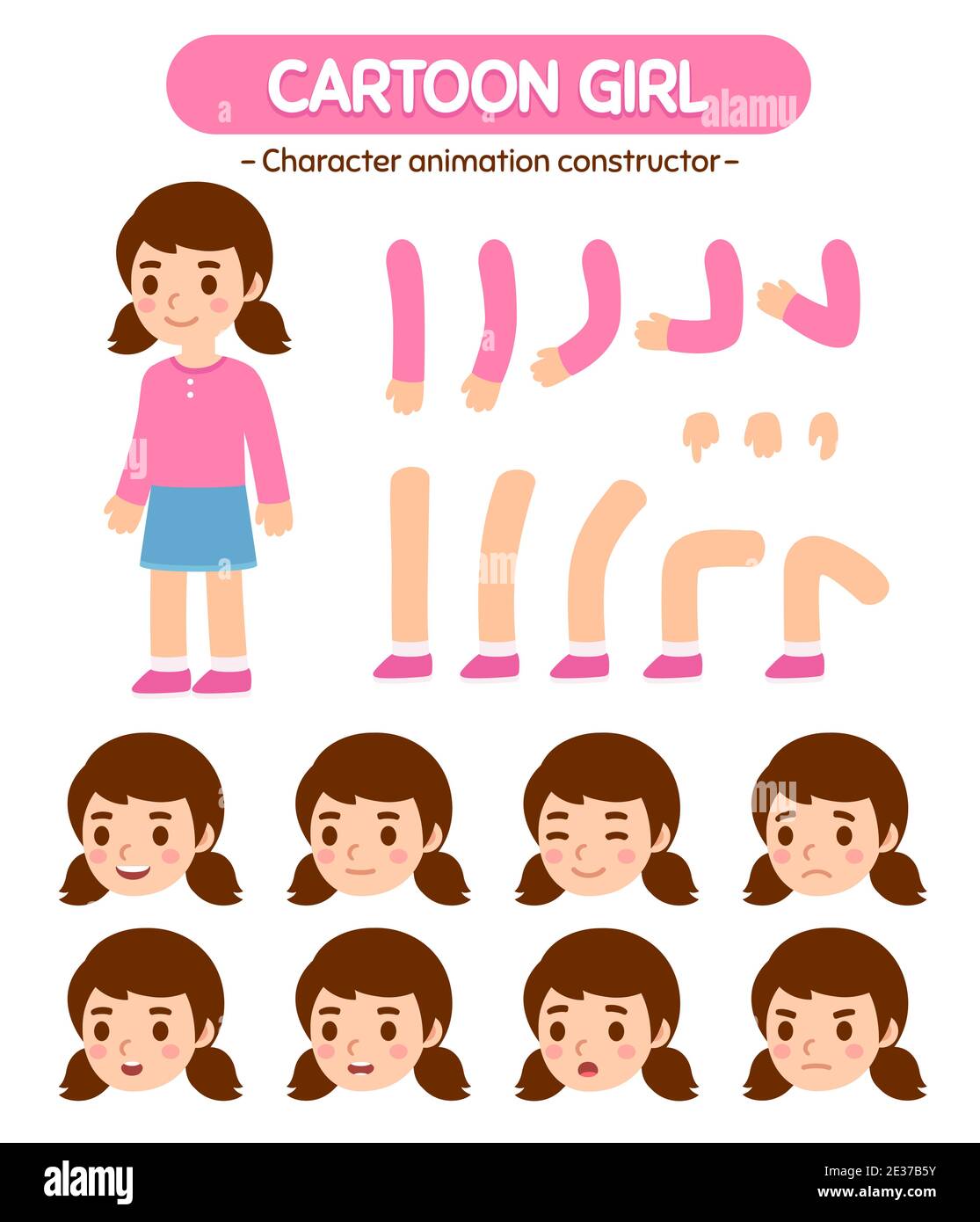 Cute little girl character construction set for rigging and animation