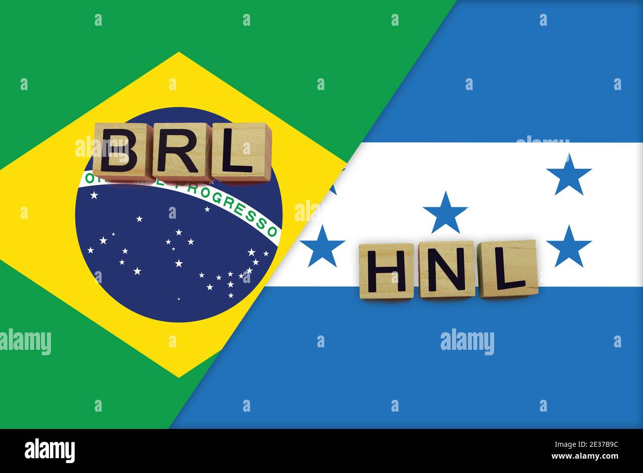 Brazil and Honduras currencies codes on national flags background