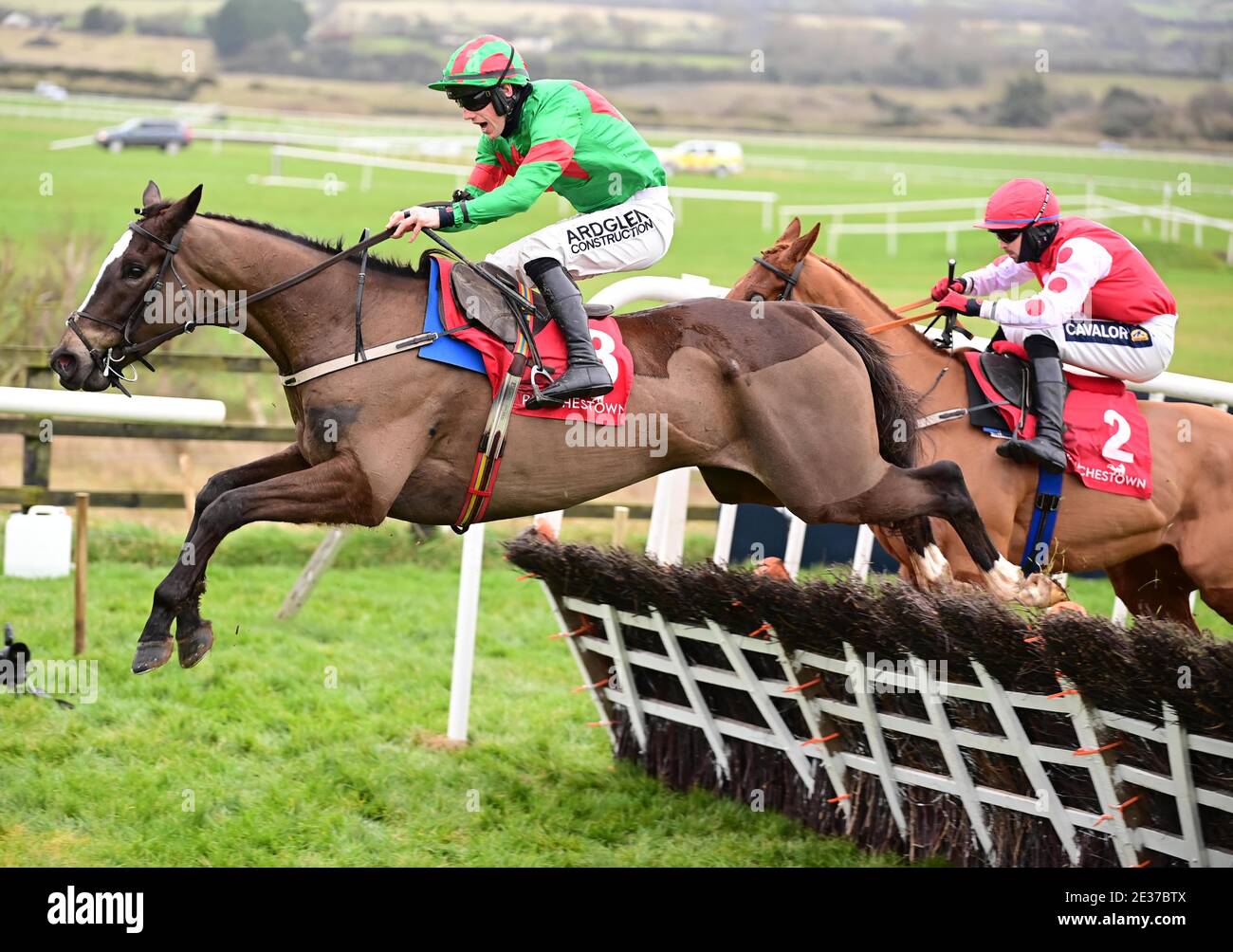 Frere Tuck ridden by jockey Brian Hayes wins the Punchestown Maiden Hurdle from Colonel Mustard