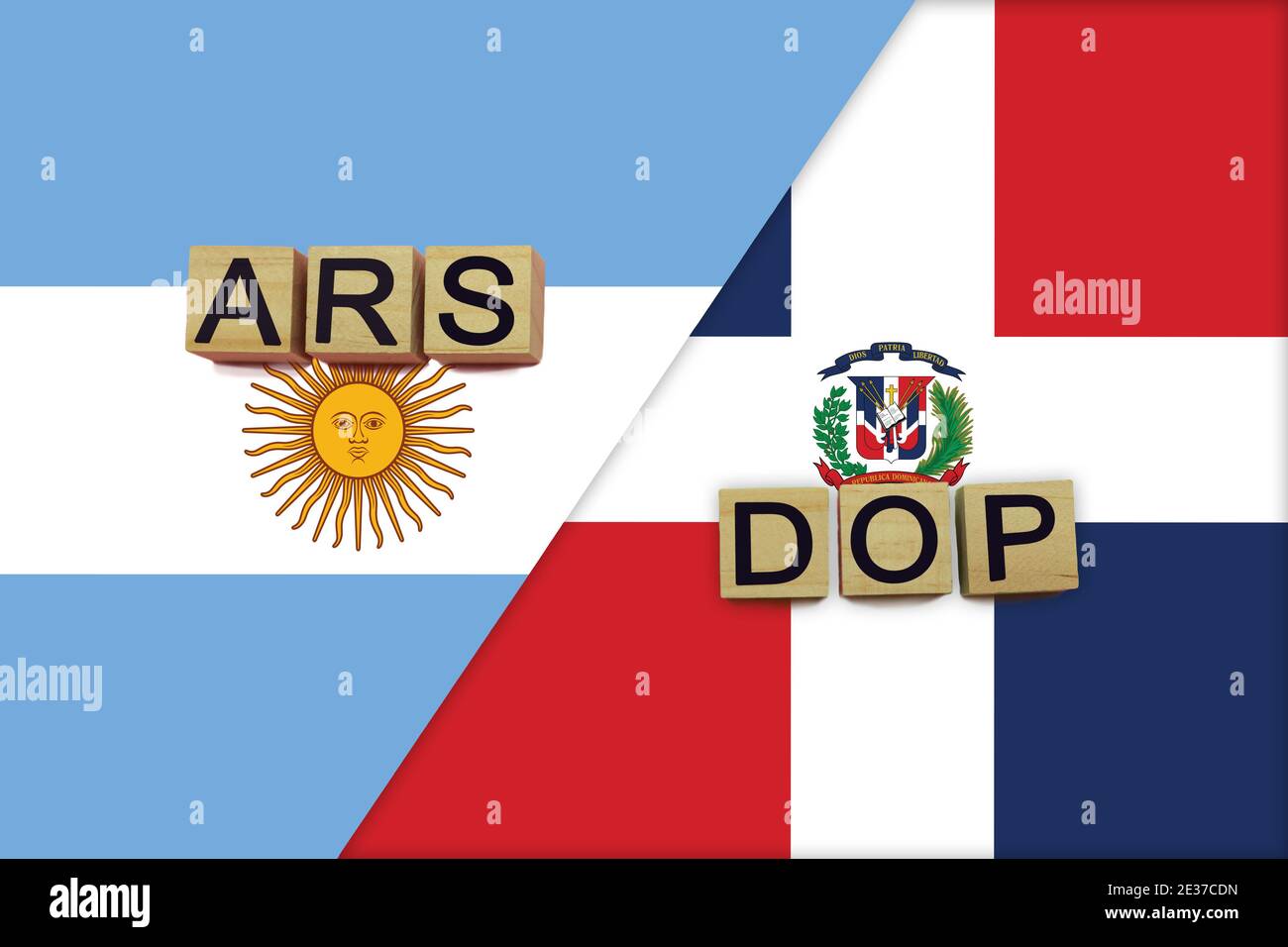 Argentina and Dominican Republic currencies codes on national flags background. International money transfer concept Stock Photo