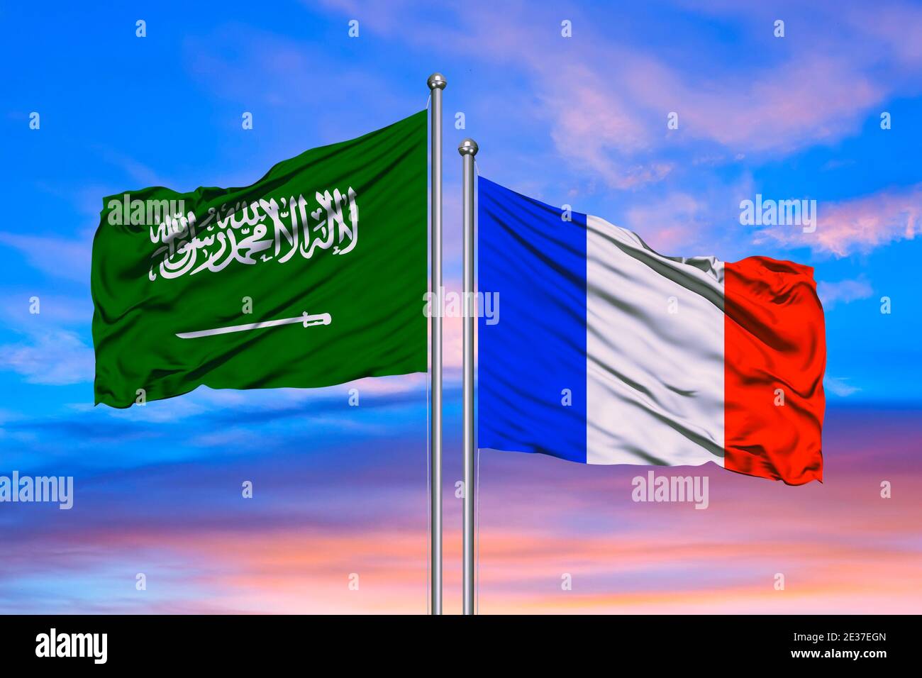 3D Rendering of Saudi Arabia & France Flags are Waving in the Sky - 3d illustration Stock Photo