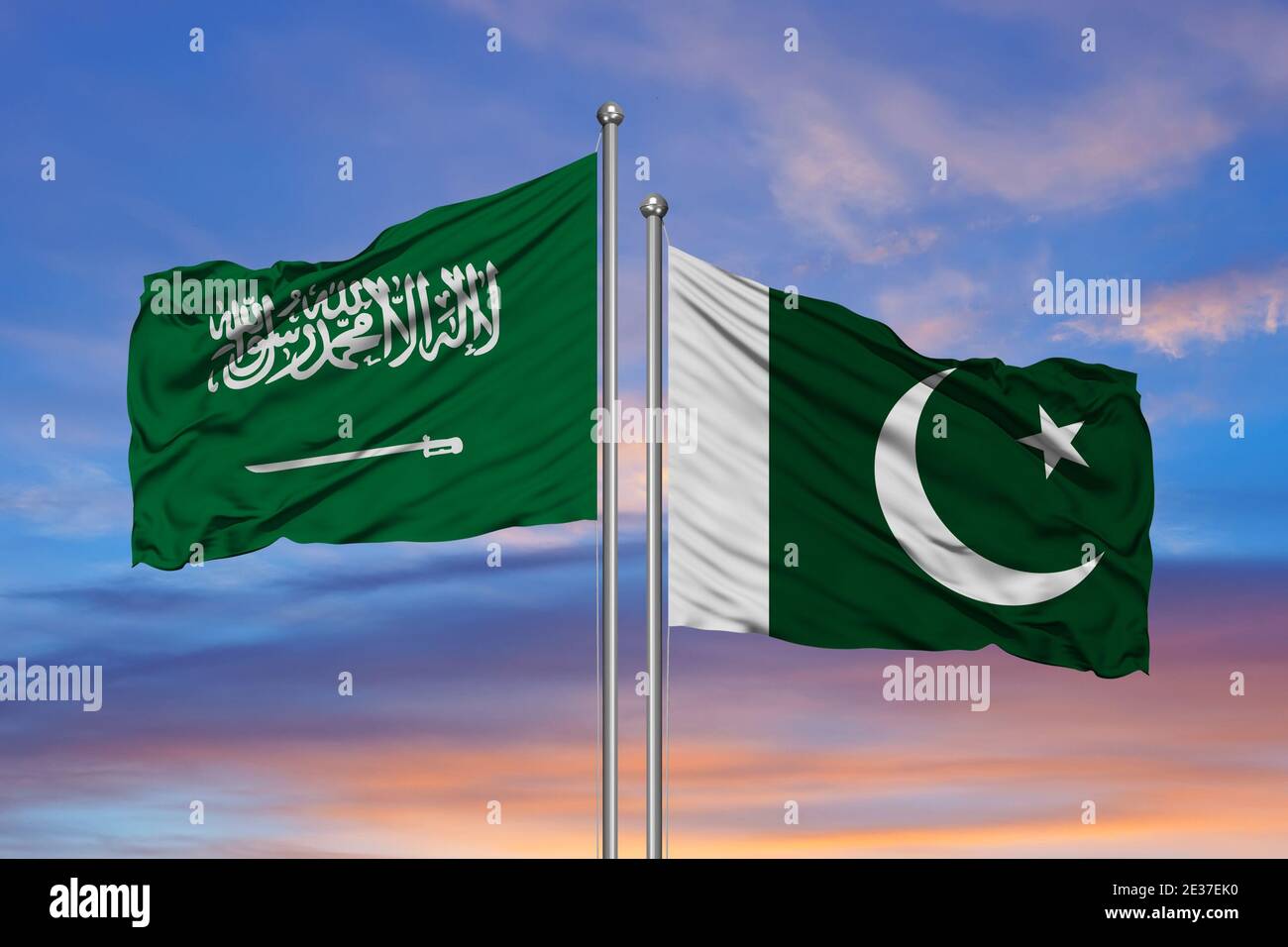 Saudi Arabia and Pakistan, two flags waving against blue sky. 3d image Stock Photo