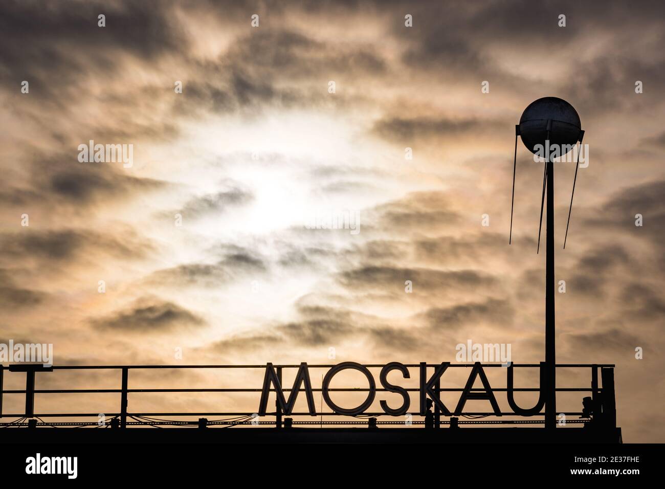 close up of cafe moscow in east berlin during sunset Stock Photo