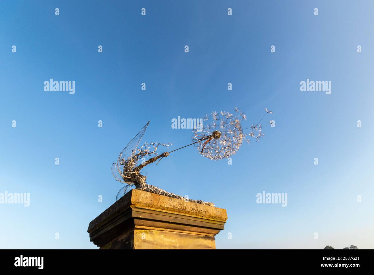 wire fairy sculpture and dandelion clock in wintry scene at Trentham