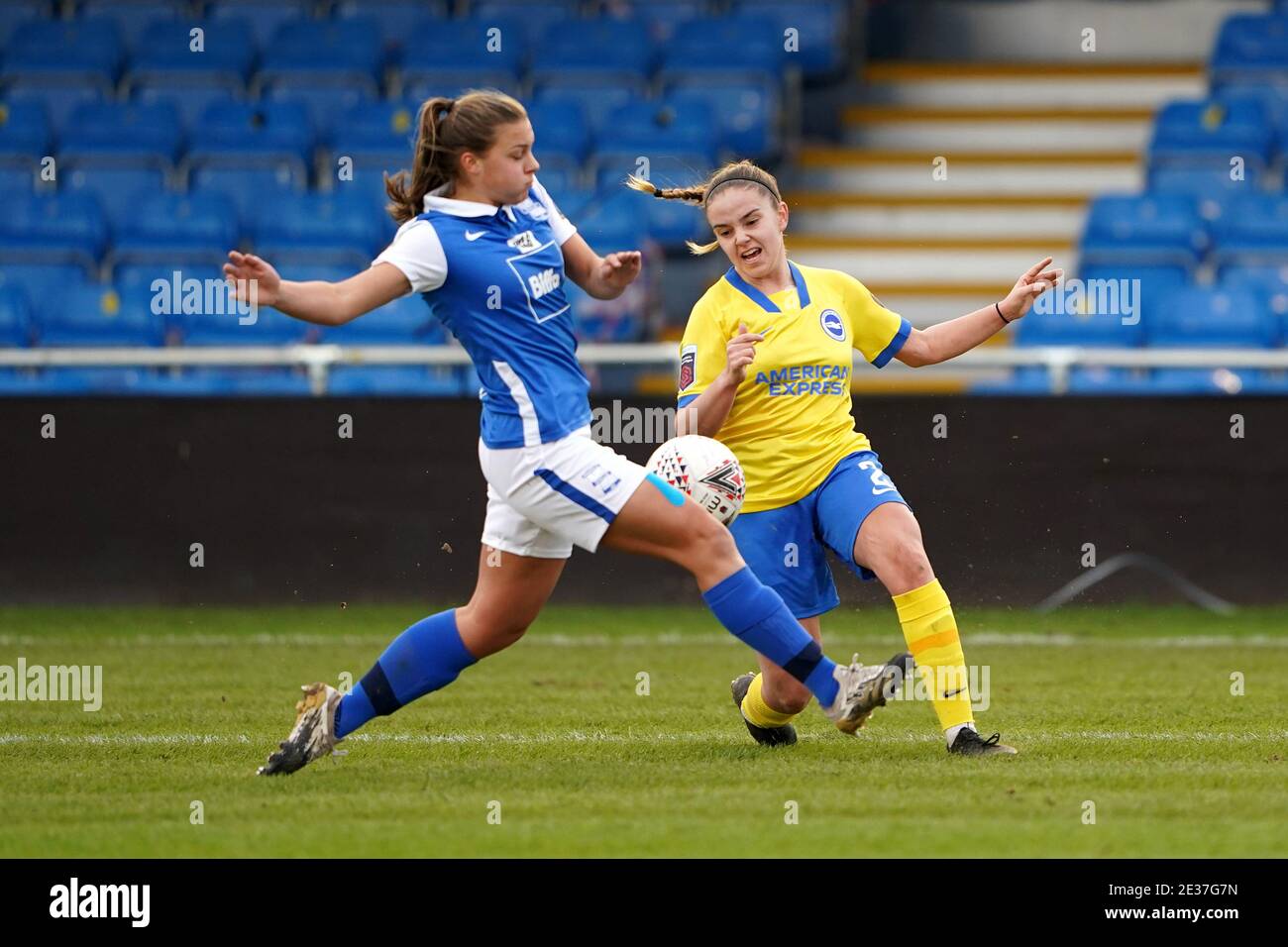 Birmingham City's Sarah Mayling (left) and Brighton and Hove Albion's Bethan Roe battle for the ball during the FA Women's Super League match at SportNation.bet Stadium, Birmingham. Stock Photo