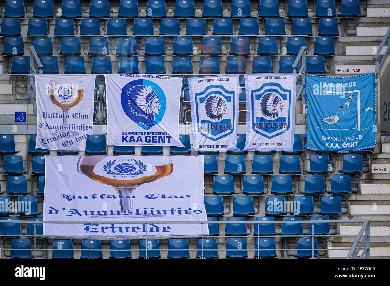 Ghent Belgium January 17 Flags And Banners Of Kaa Gent During The Pro League Match Between Kaa Gent And Royal Antwerp Fc At Ghelamco Arena On January 17 21 In Ghent