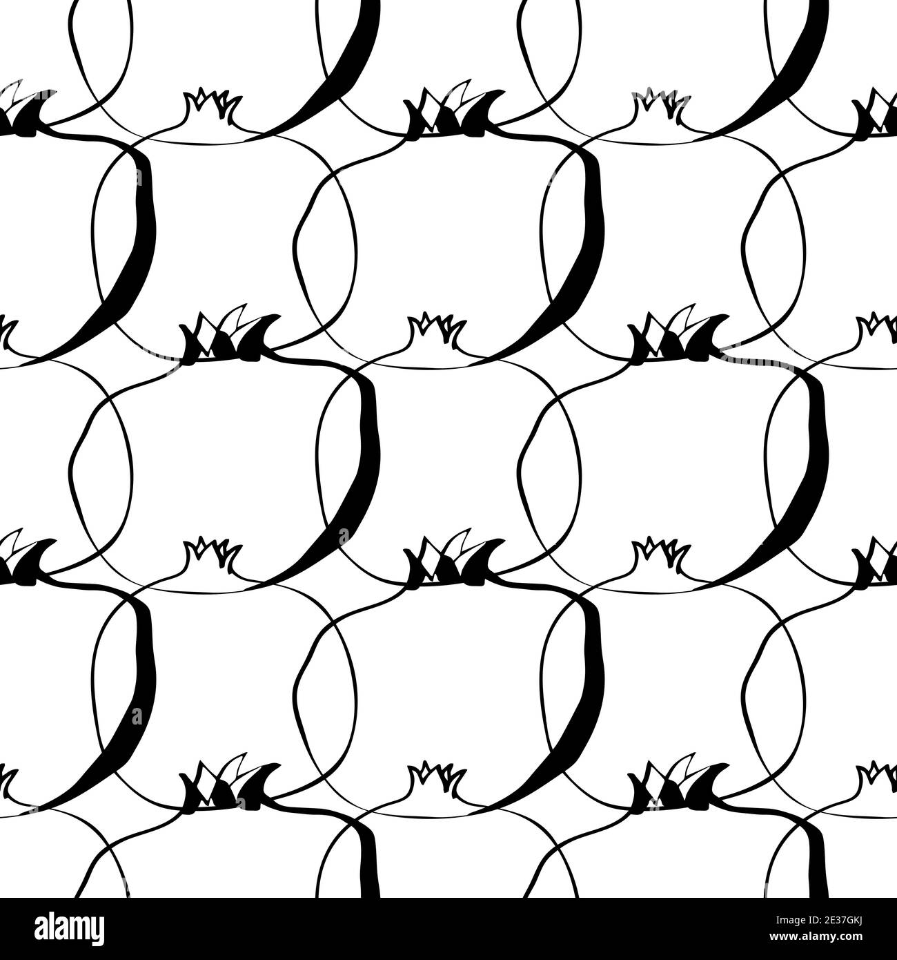 Seamless pattern whith illustration pomegranate fruit in line art black color on white Stock Vector