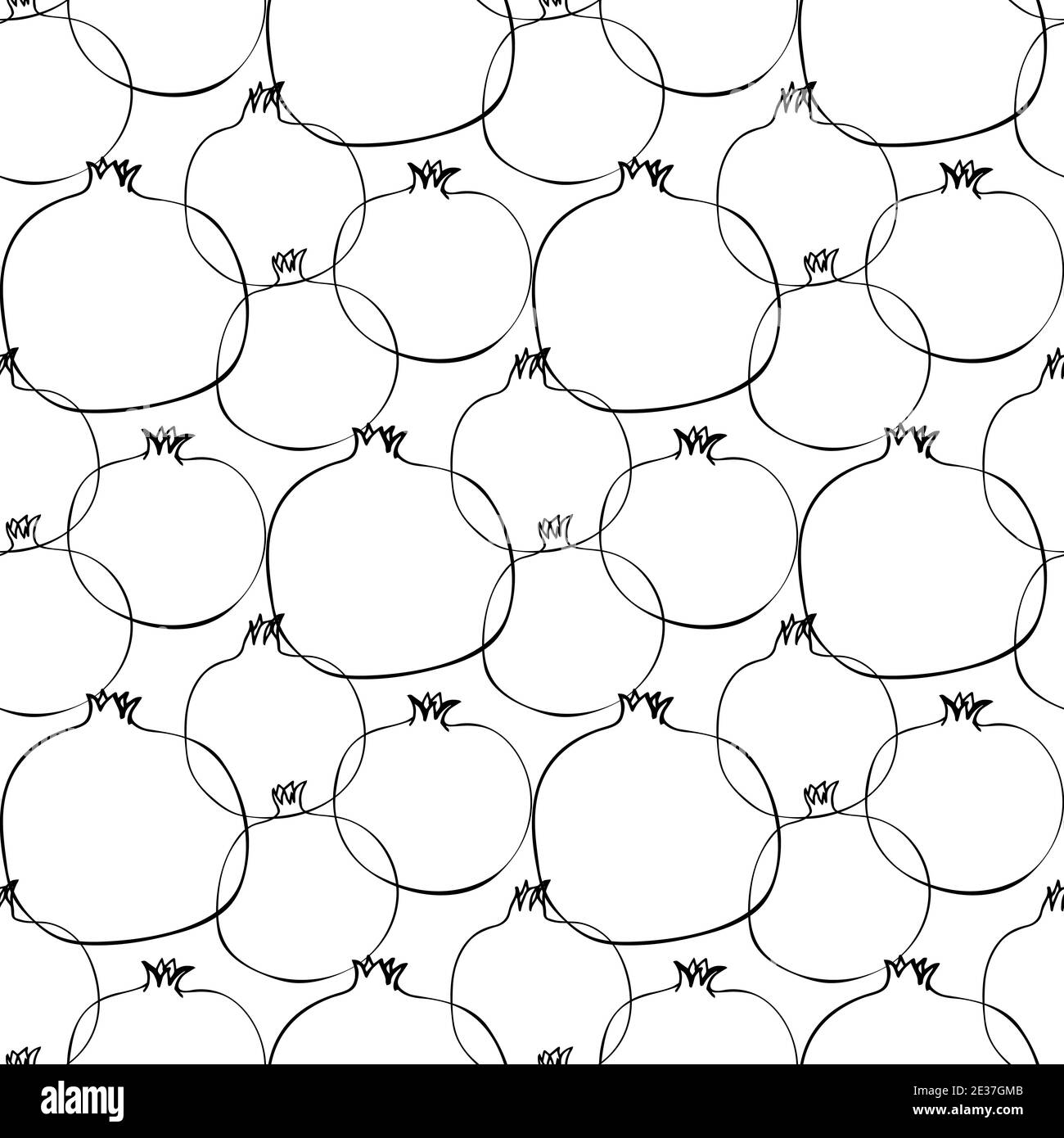 Seamless pattern whith illustration pomegranate fruit in line art black color on white Stock Vector