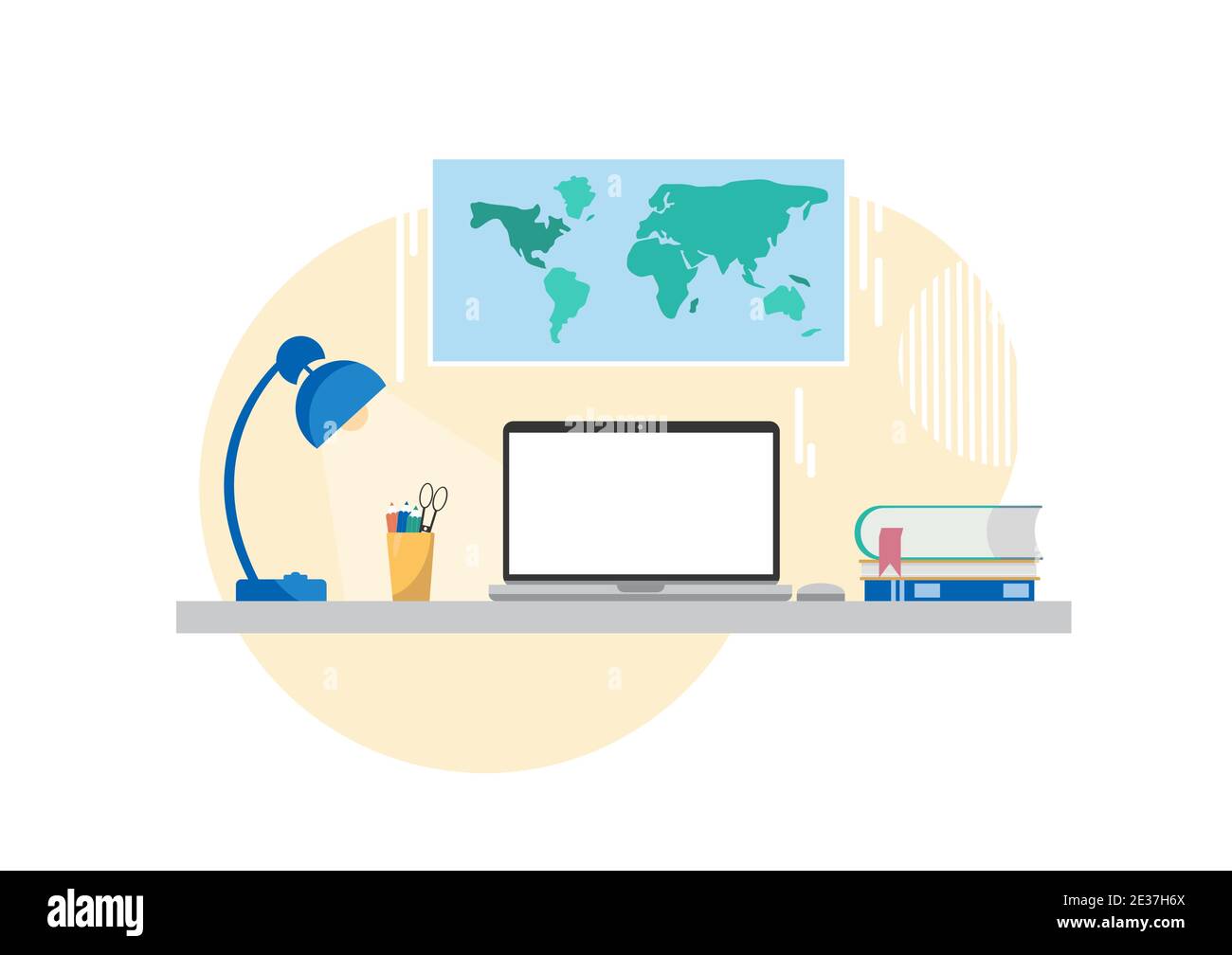 Workplace with laptop with blank screen for mockup Stock Vector
