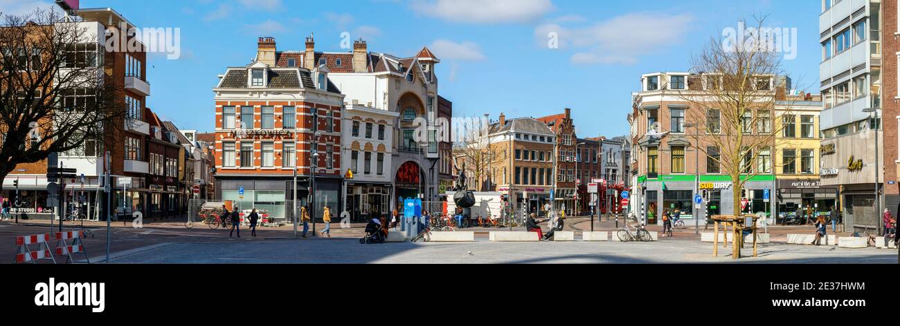 Utrecht, city centre, The Netherlands. Panoramic view of the Neude square, Voorstraat and Potterstraat on a sunny day. Stock Photo