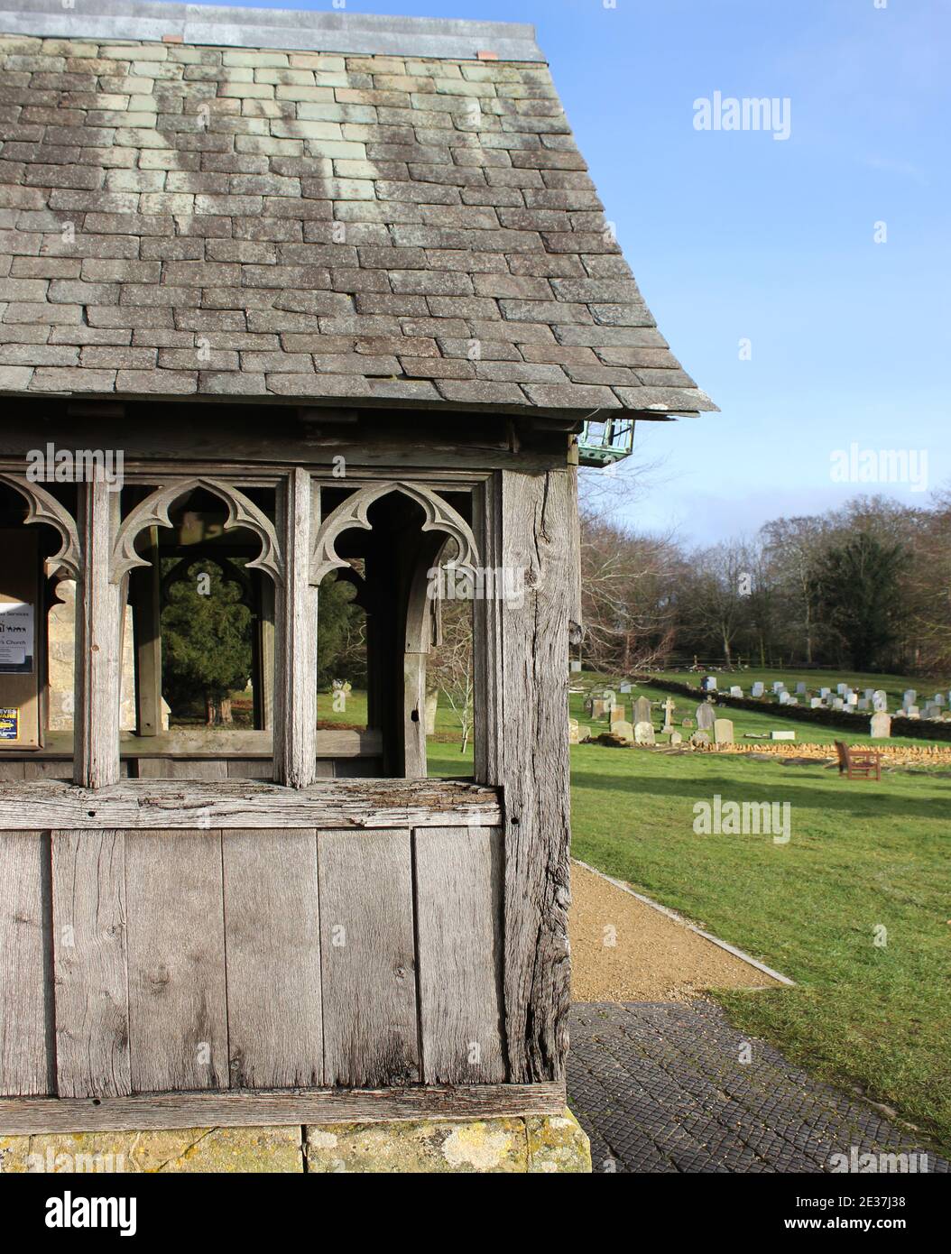 St Mary's Church porch dating from the fifteenth century framing part
